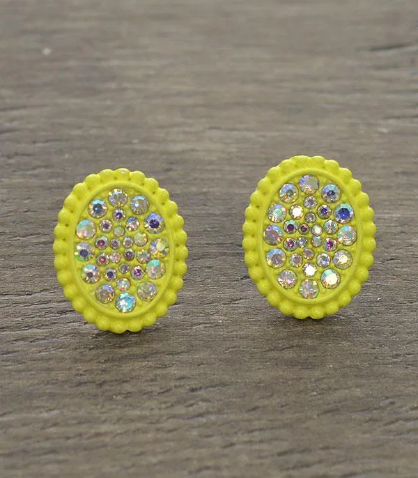 * Neon Yellow Oval Bling AB Large stud earrings