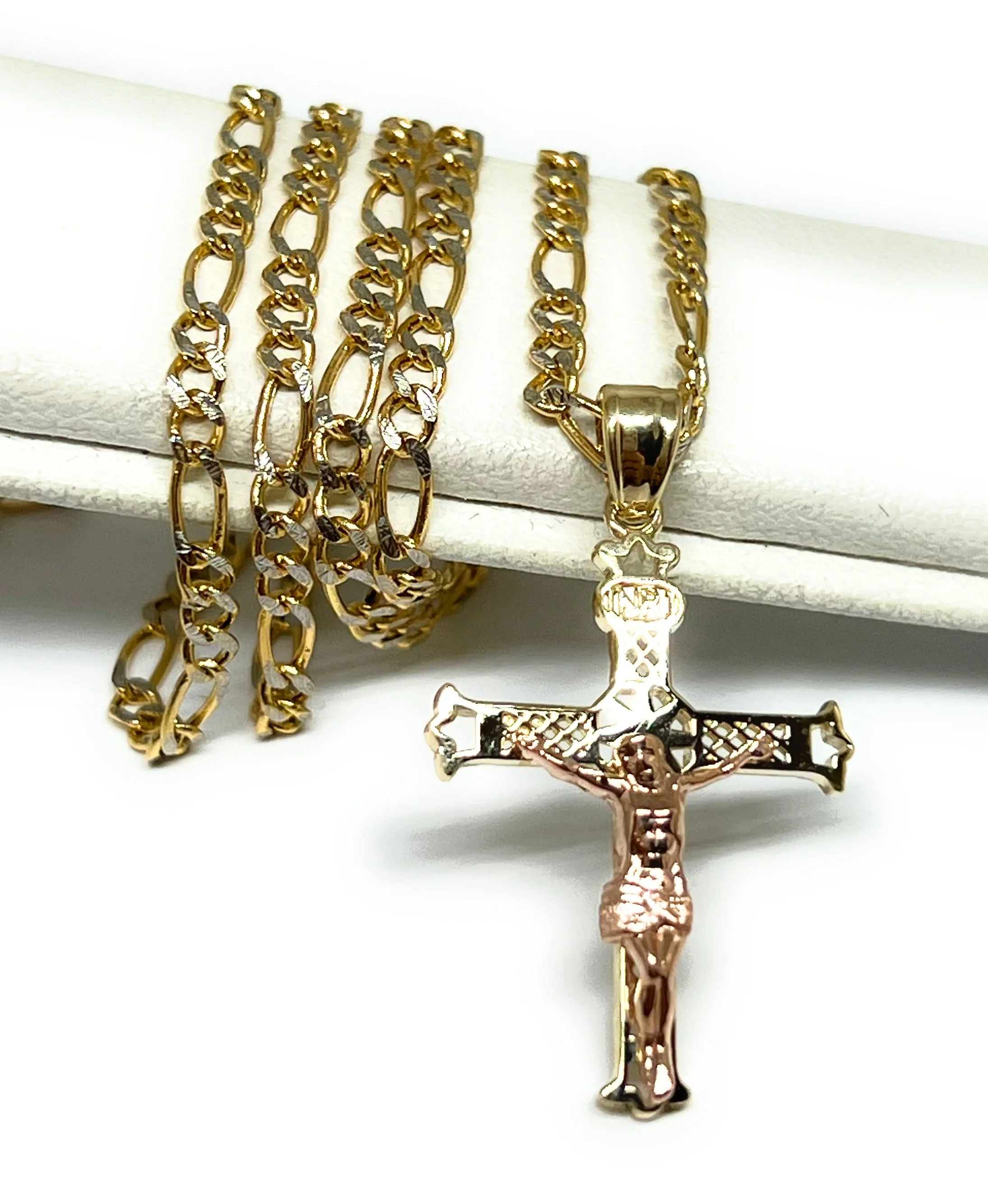 10k Solid Gold Yellow & Rose 2-Tone Jesus Cross Crucifix Pendant Necklace (FC)