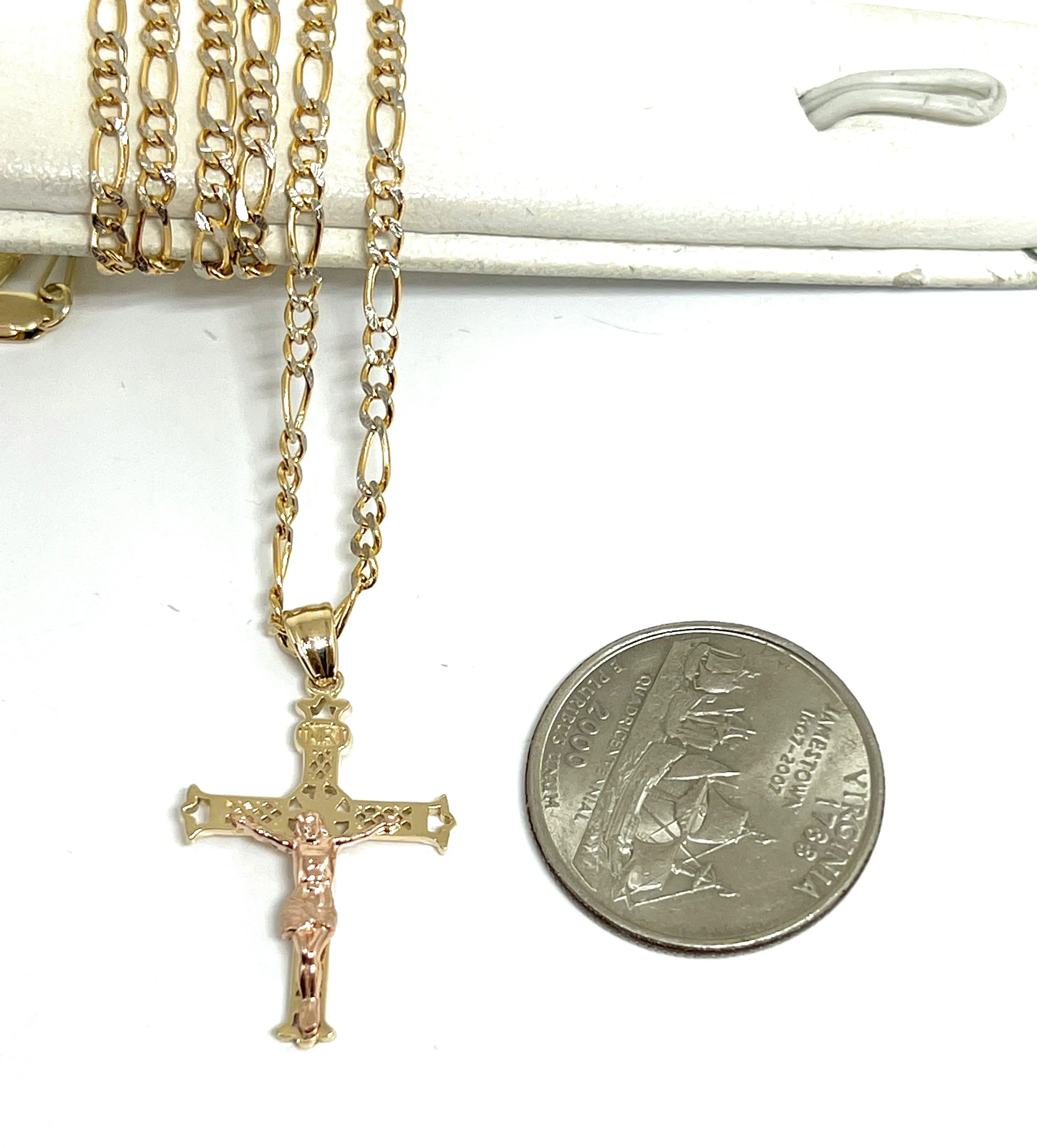 10k Solid Gold Yellow & Rose 2-Tone Jesus Cross Crucifix Pendant Necklace (FC)