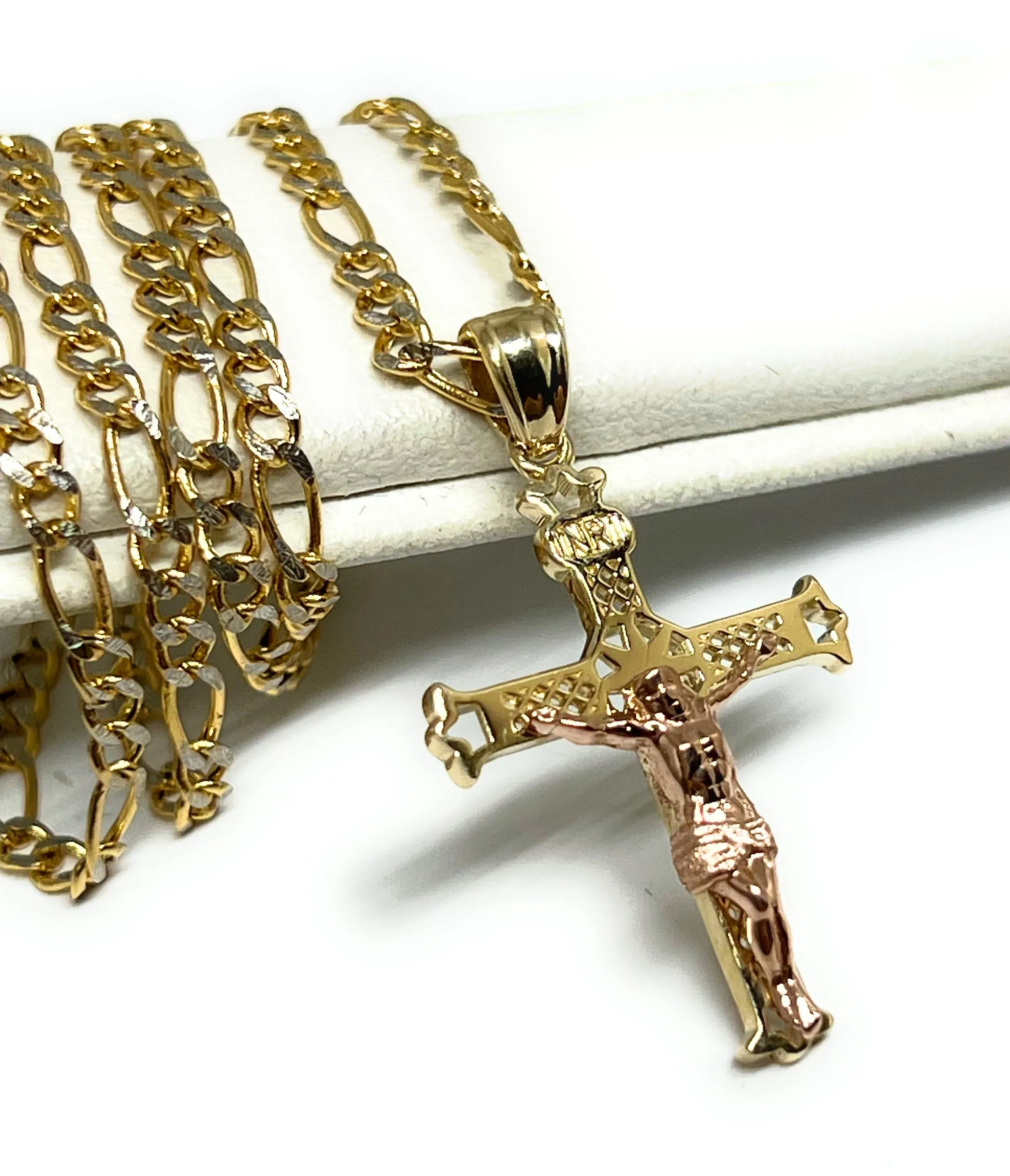 10k Solid Gold Yellow & Rose 2-Tone Jesus Cross Crucifix Pendant Necklace (FC)