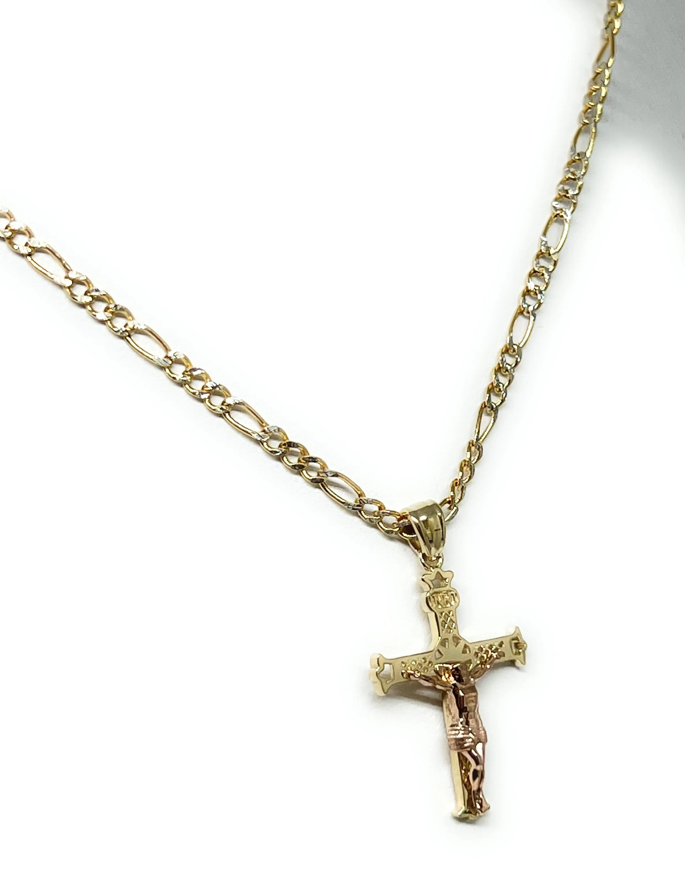 10k Solid Gold Yellow & Rose 2-Tone Jesus Cross Crucifix Pendant Necklace (FC)