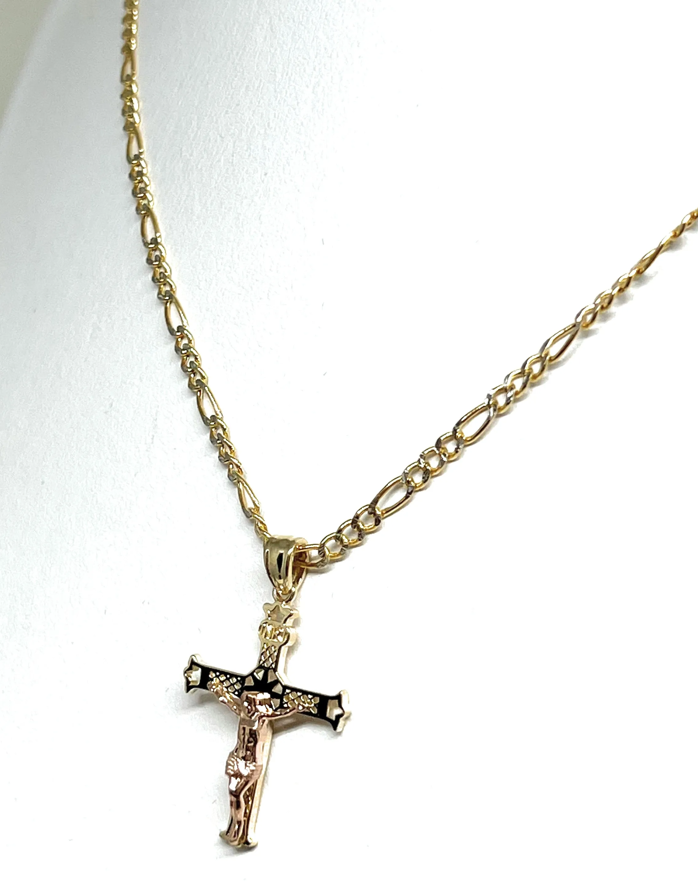 10k Solid Gold Yellow & Rose 2-Tone Jesus Cross Crucifix Pendant Necklace (FC)