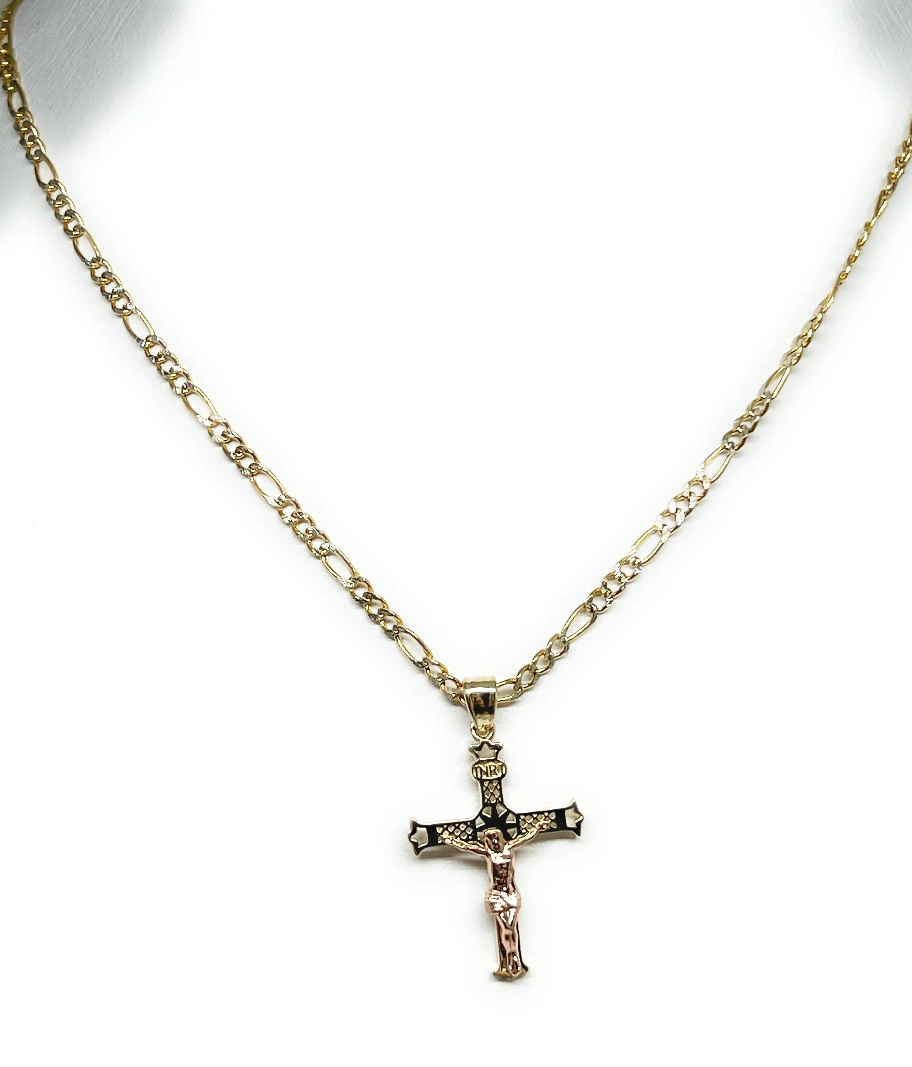 10k Solid Gold Yellow & Rose 2-Tone Jesus Cross Crucifix Pendant Necklace (FC)