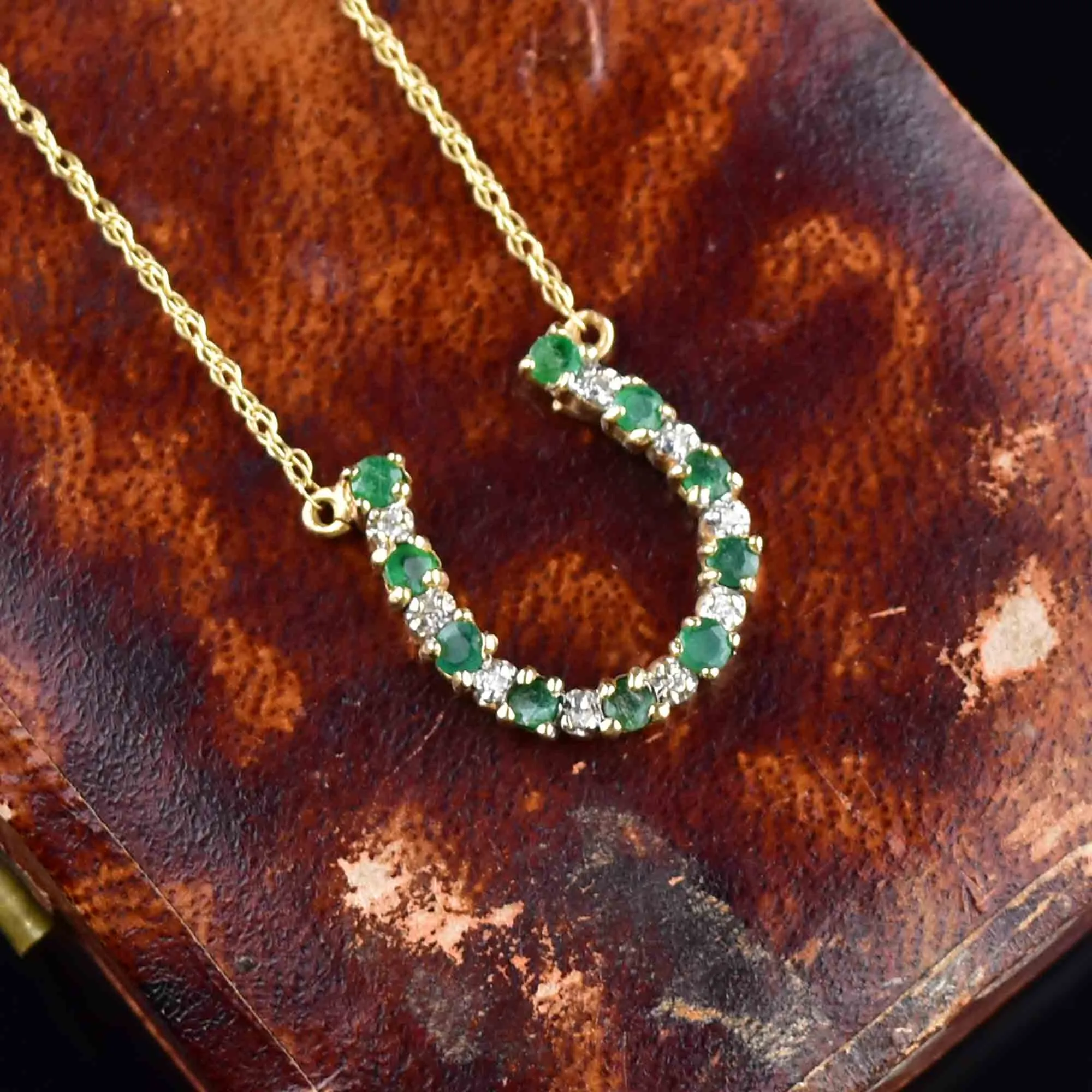 14K Gold Diamond Emerald HorseShoe Pendant Necklace