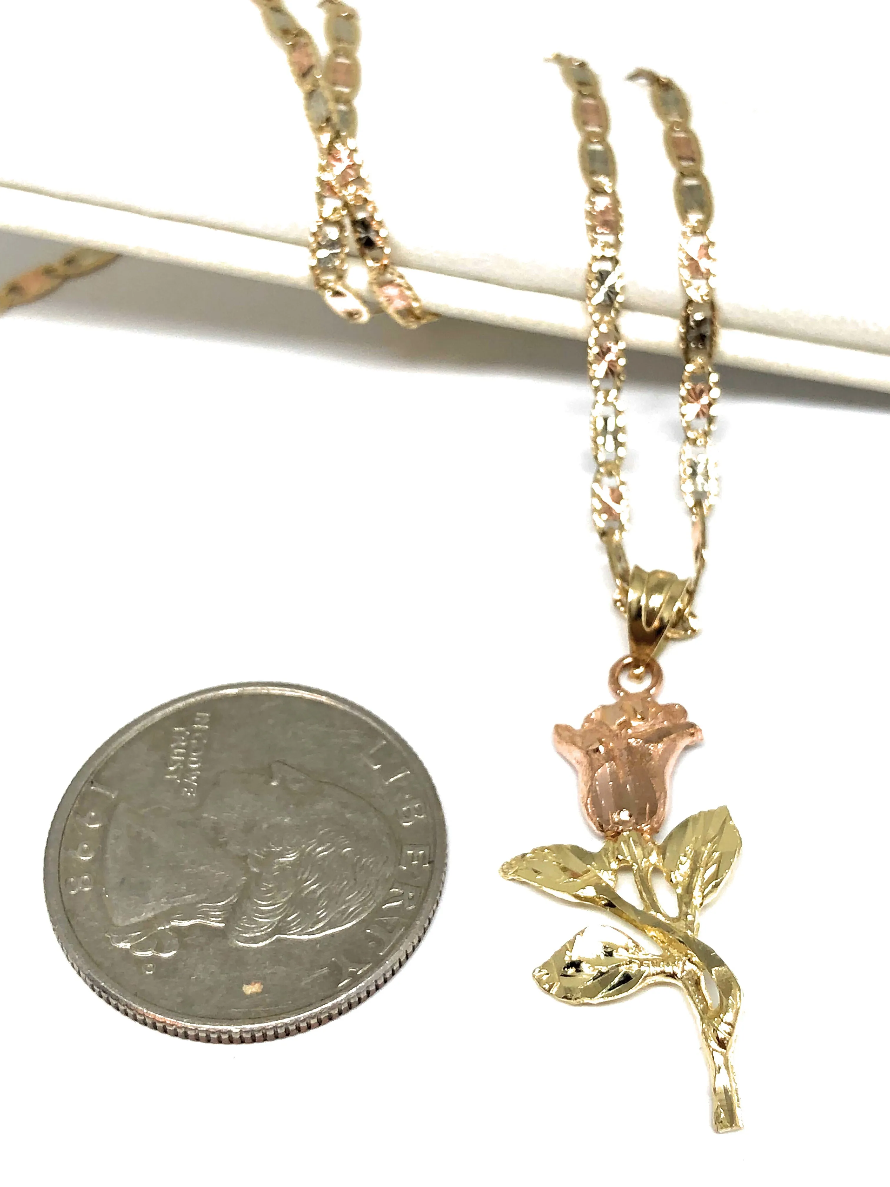 14k Solid Gold Yellow & Rose Pendant Necklace Tri-Color Valentina Chain