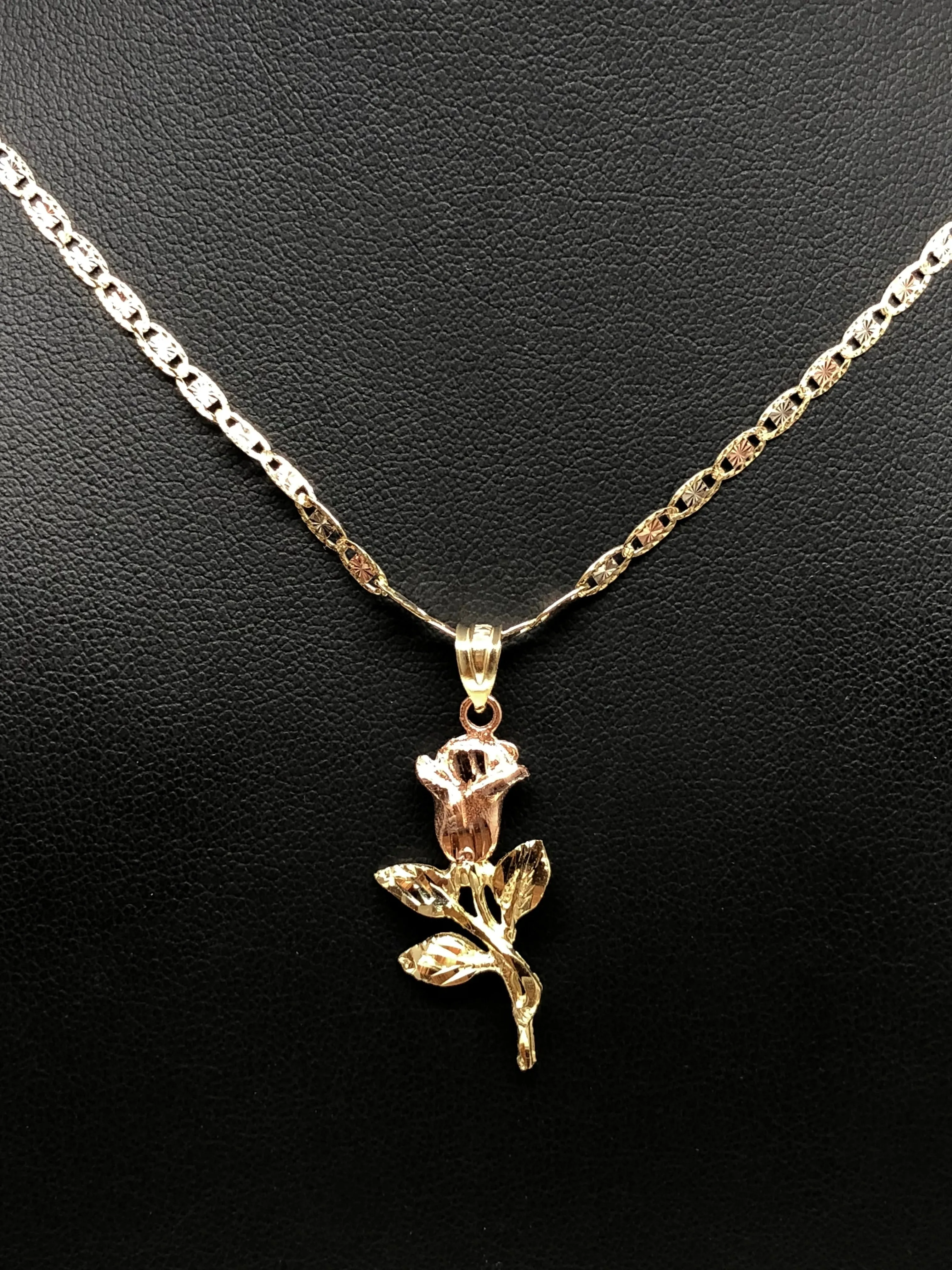 14k Solid Gold Yellow & Rose Pendant Necklace Tri-Color Valentina Chain