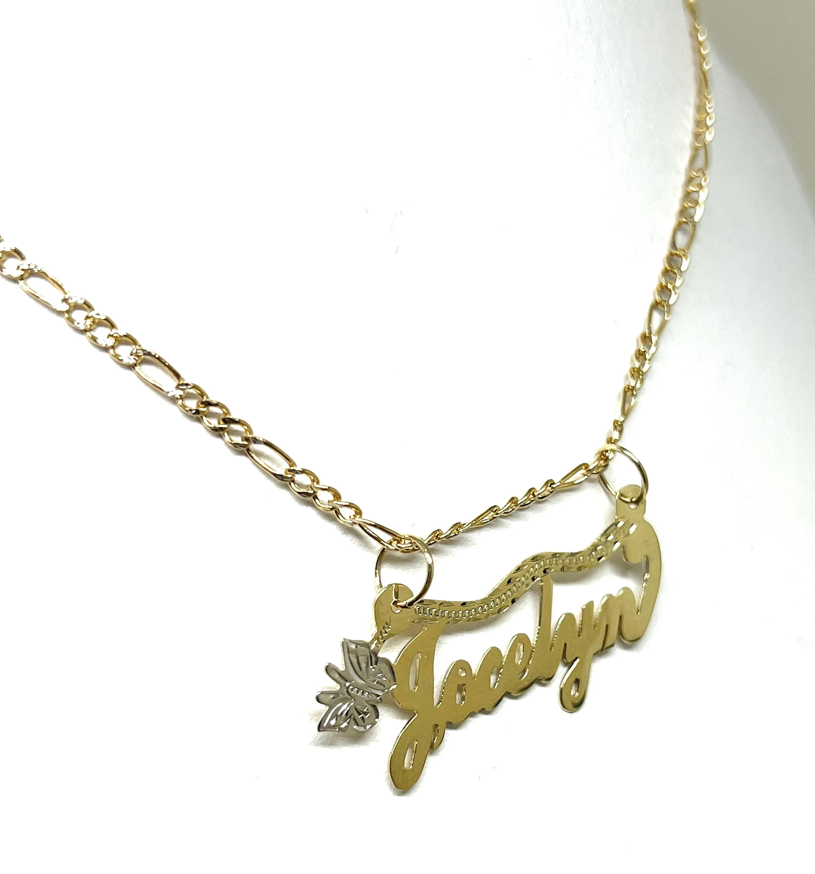 14k Solid Gold Yellow Cursive Butterfly Custom Nameplate Pendant Necklace with Chain Options