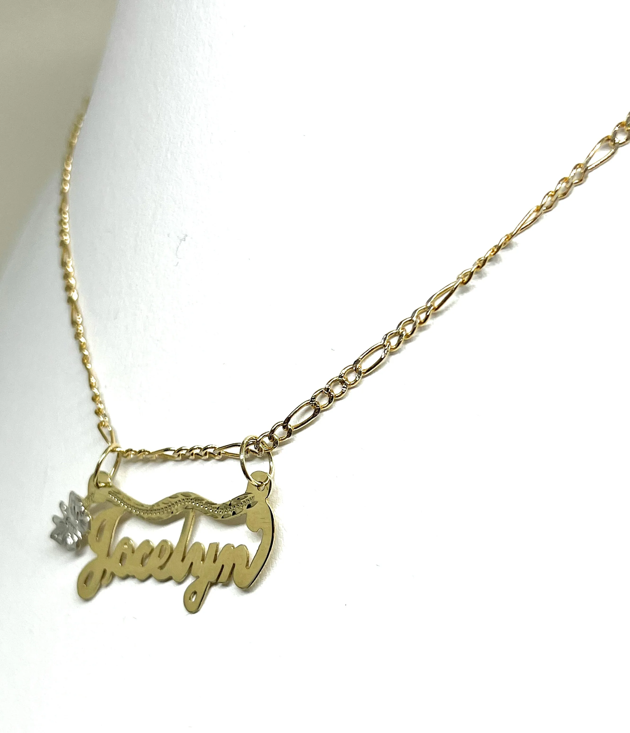 14k Solid Gold Yellow Cursive Butterfly Custom Nameplate Pendant Necklace with Chain Options