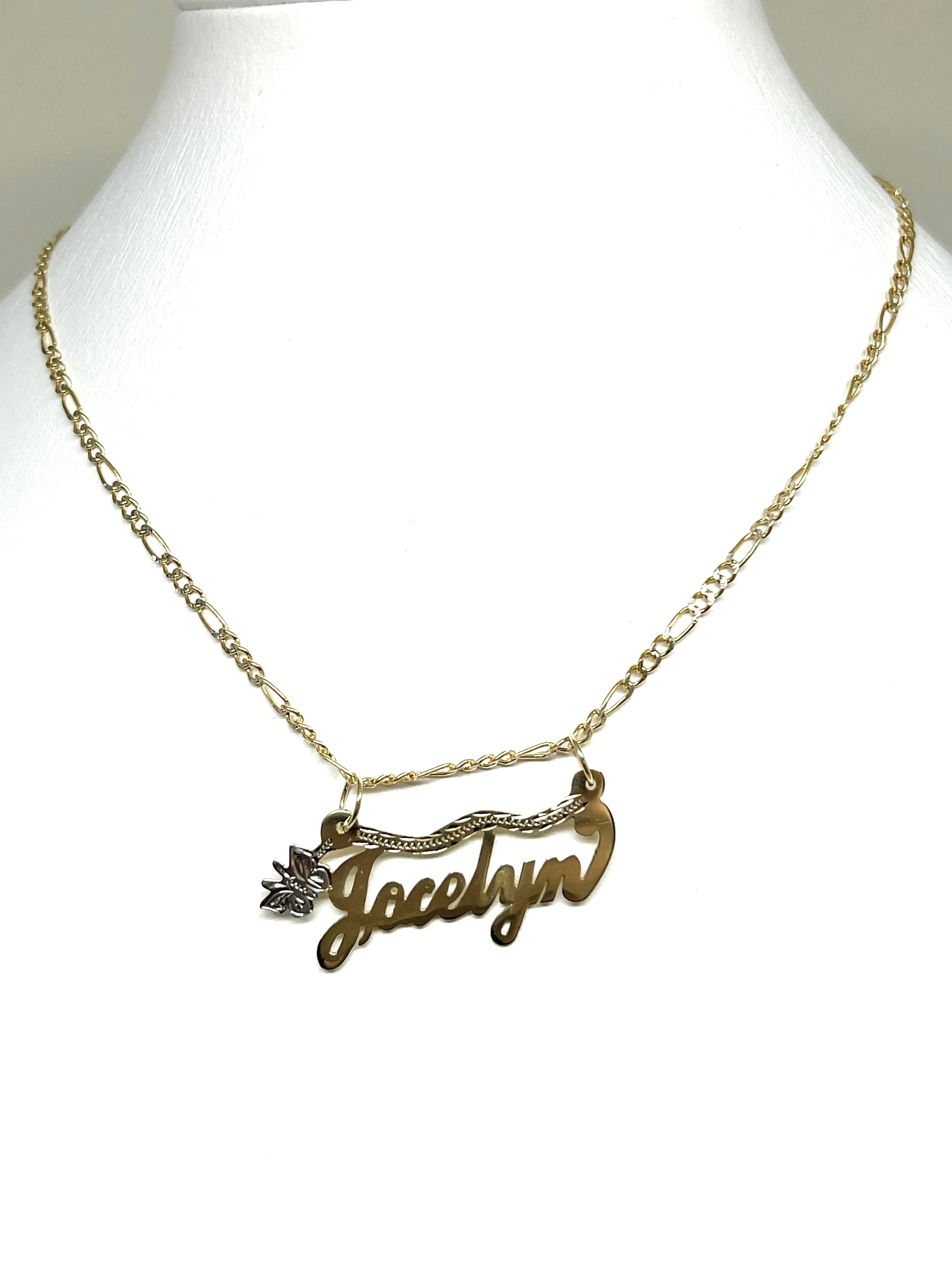 14k Solid Gold Yellow Cursive Butterfly Custom Nameplate Pendant Necklace with Chain Options