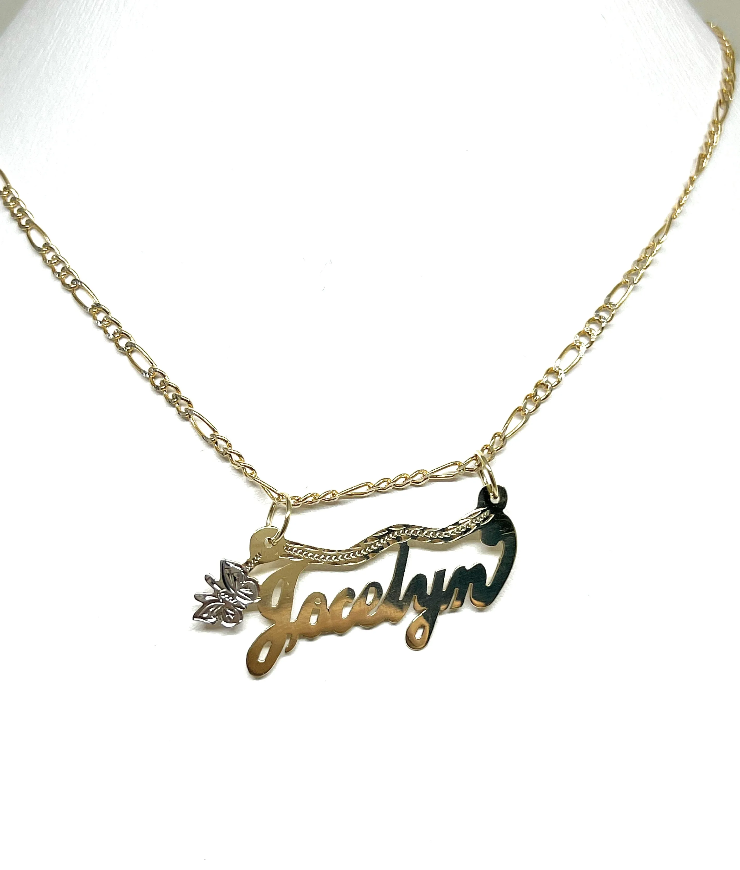 14k Solid Gold Yellow Cursive Butterfly Custom Nameplate Pendant Necklace with Chain Options