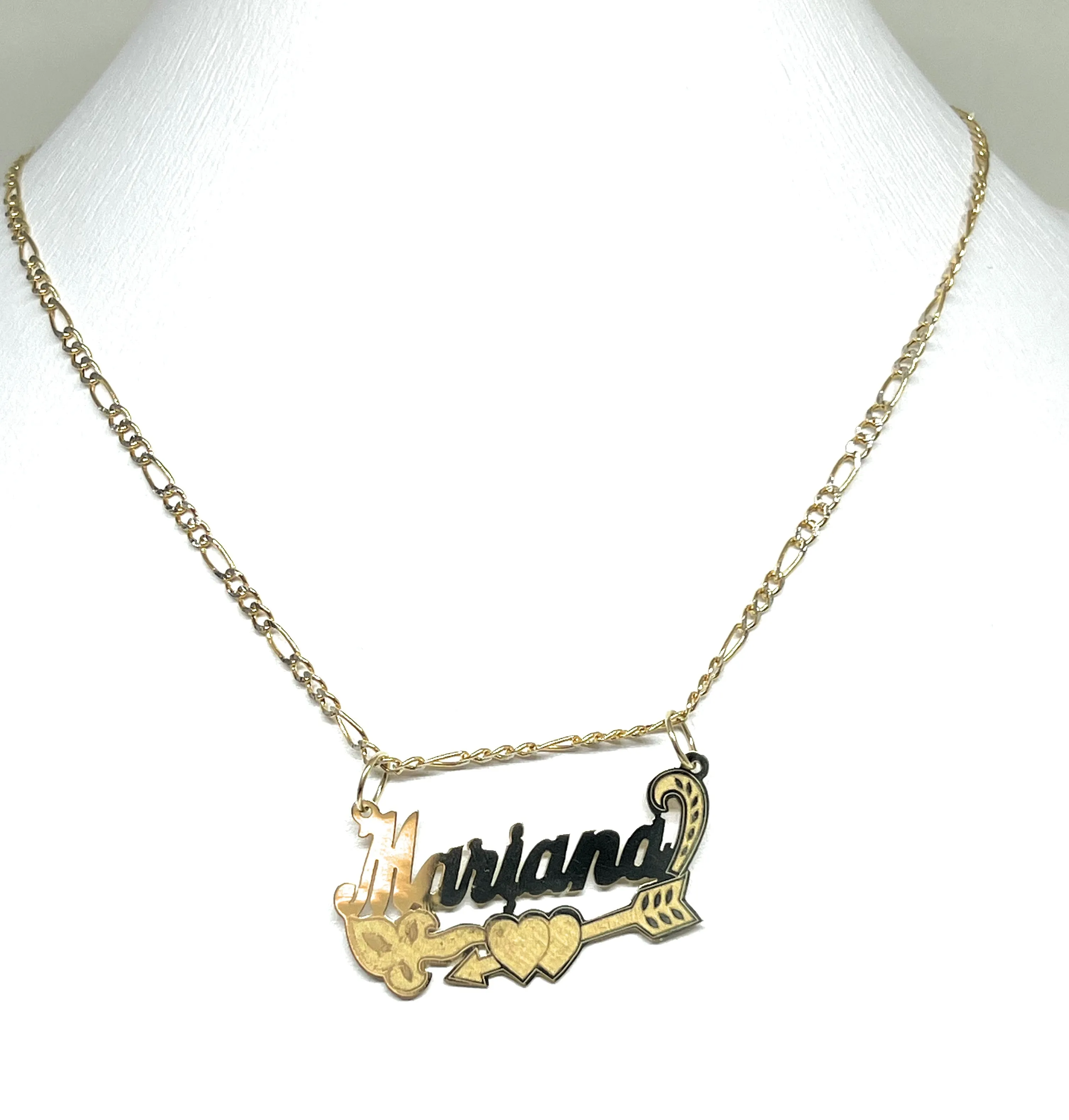 14k Solid Gold Yellow Cursive CUPID HEART ARROW Custom Nameplate Pendant Necklace with Chain Options