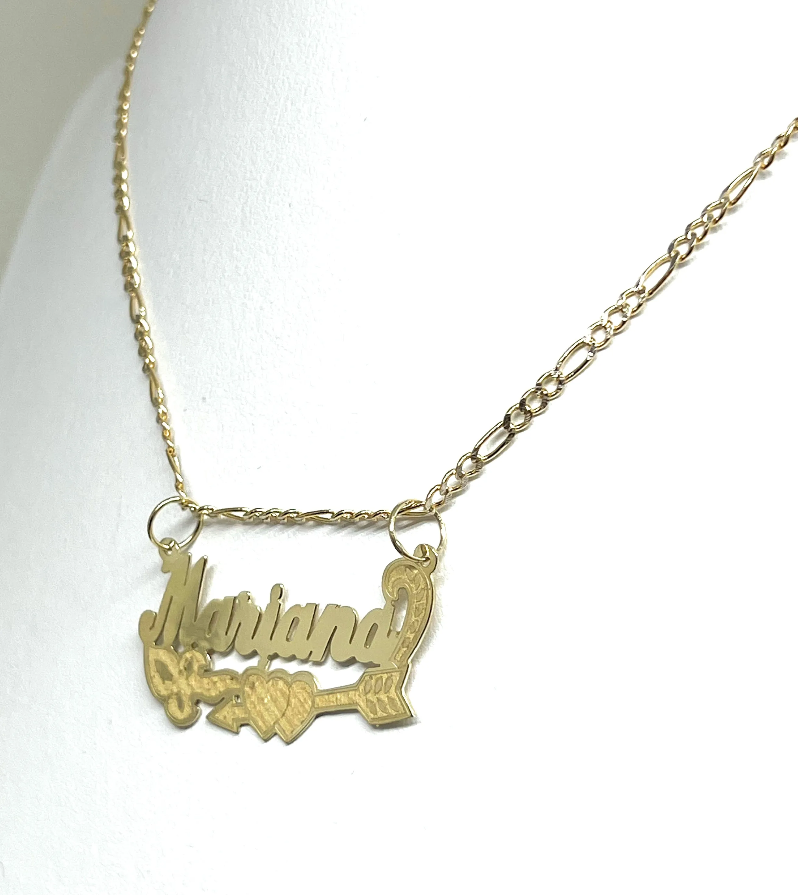 14k Solid Gold Yellow Cursive CUPID HEART ARROW Custom Nameplate Pendant Necklace with Chain Options