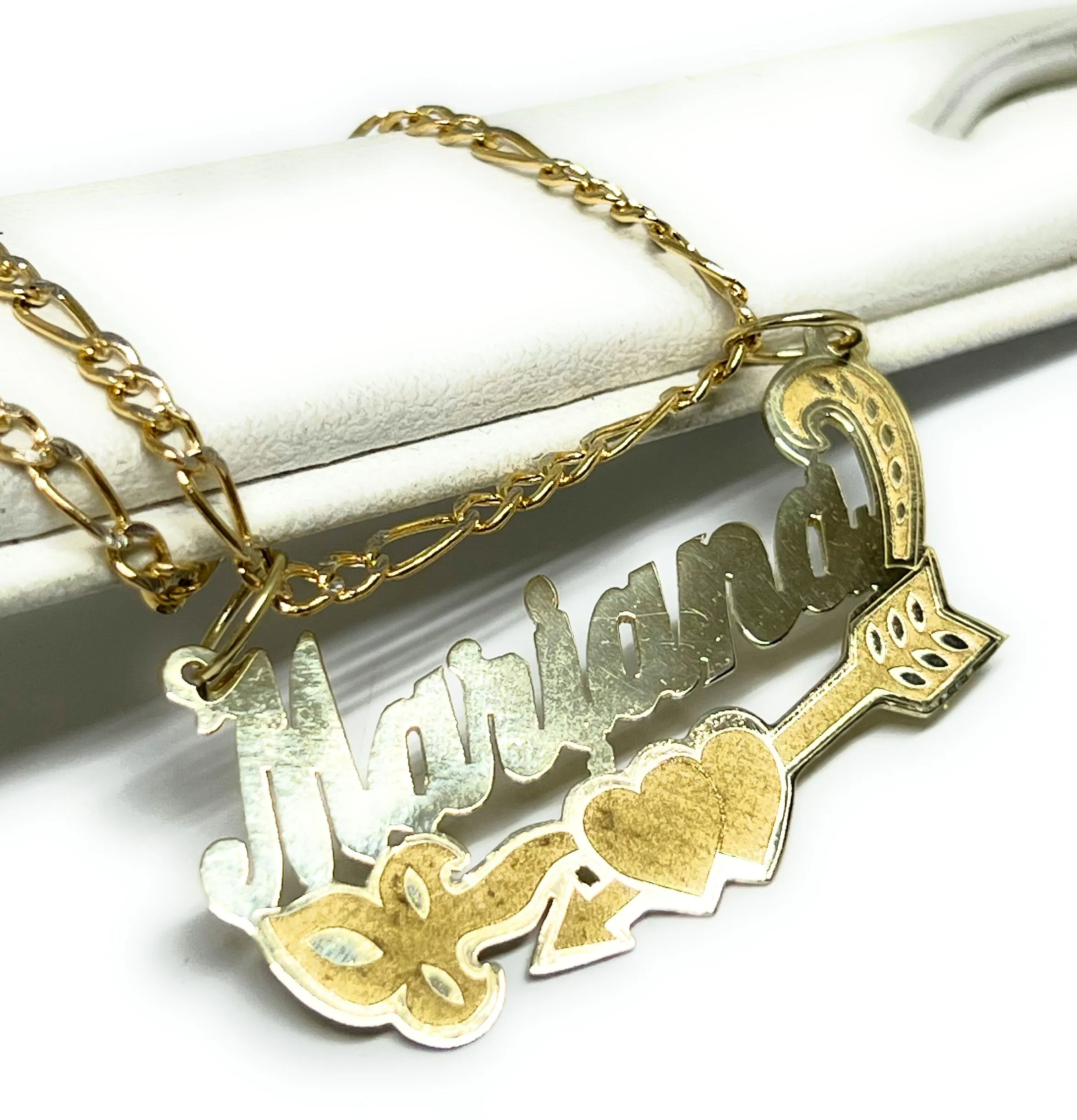 14k Solid Gold Yellow Cursive CUPID HEART ARROW Custom Nameplate Pendant Necklace with Chain Options