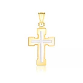 14k Two-Tone Gold Dual Cross Design Pendant with Block Ends