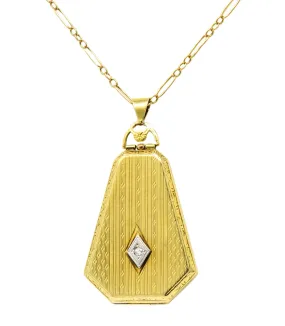 1920’s Art Deco Diamond 14 Karat Gold Locket Pendant Necklace