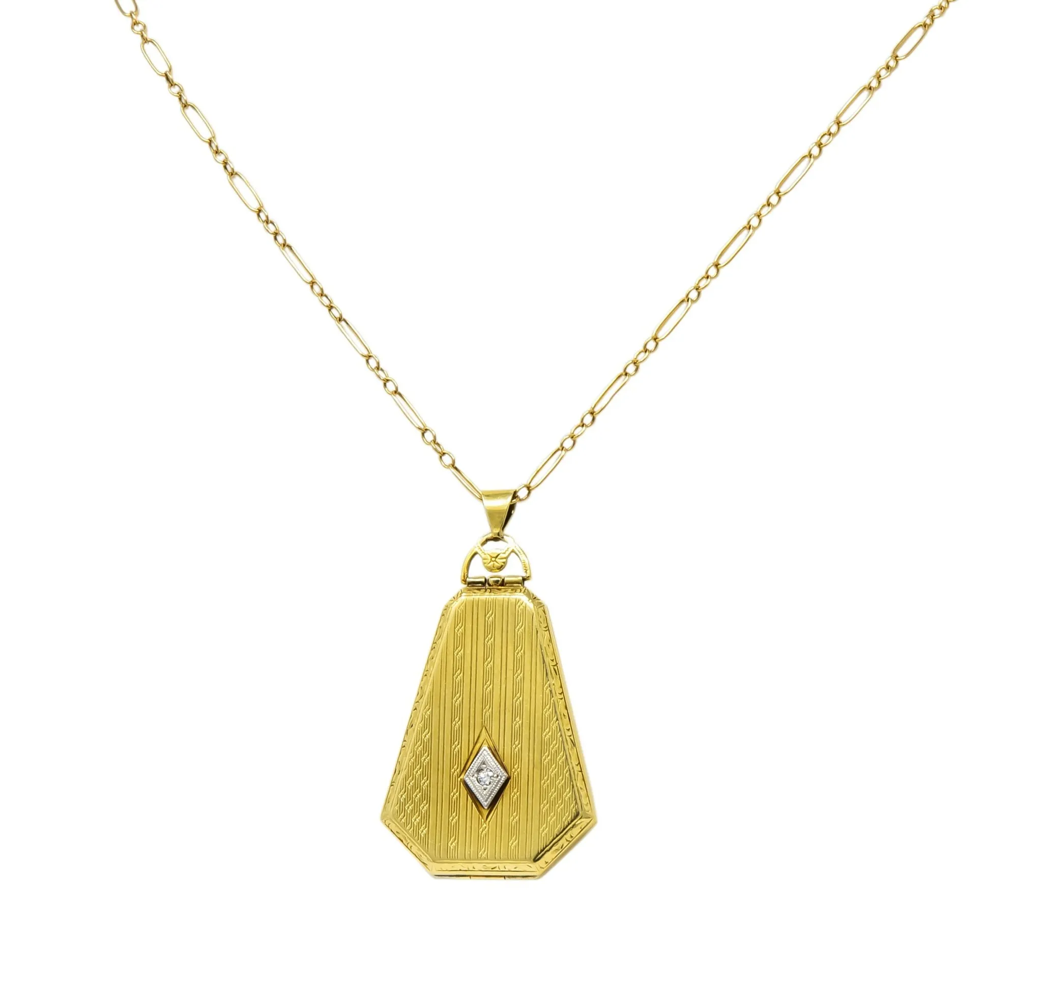 1920’s Art Deco Diamond 14 Karat Gold Locket Pendant Necklace