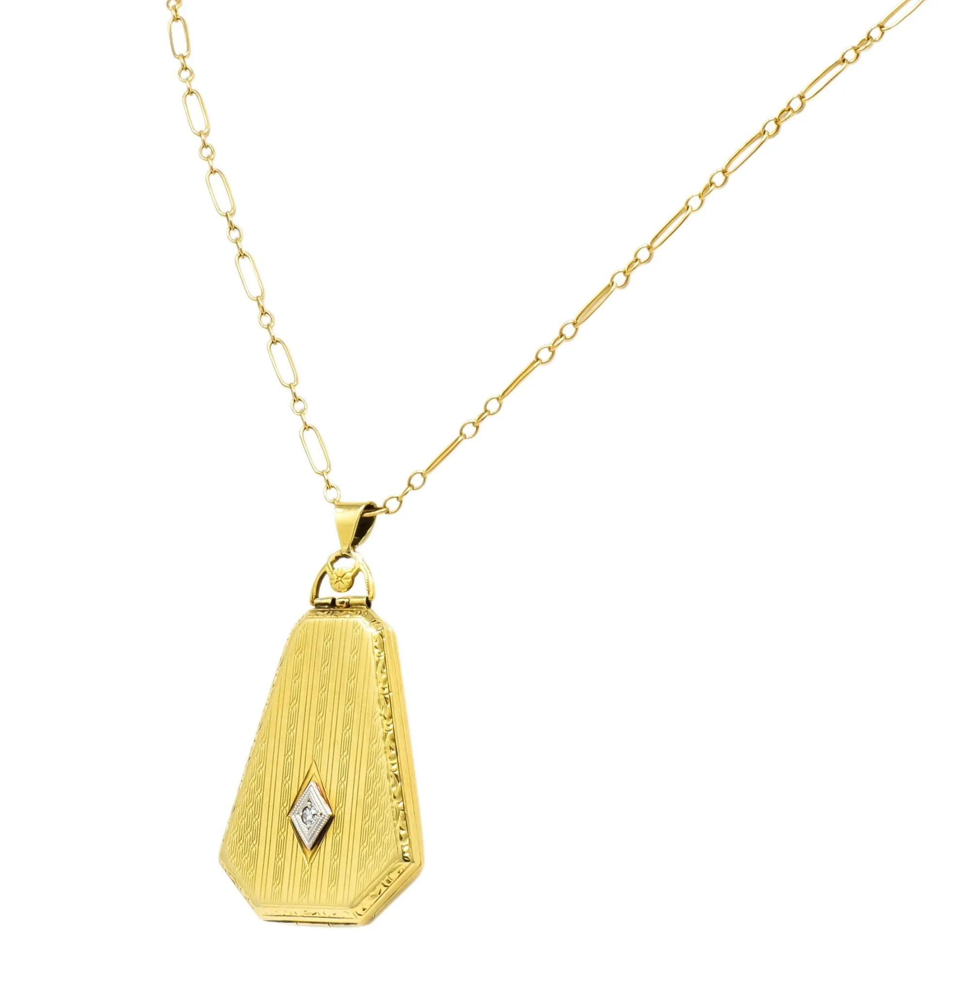 1920’s Art Deco Diamond 14 Karat Gold Locket Pendant Necklace