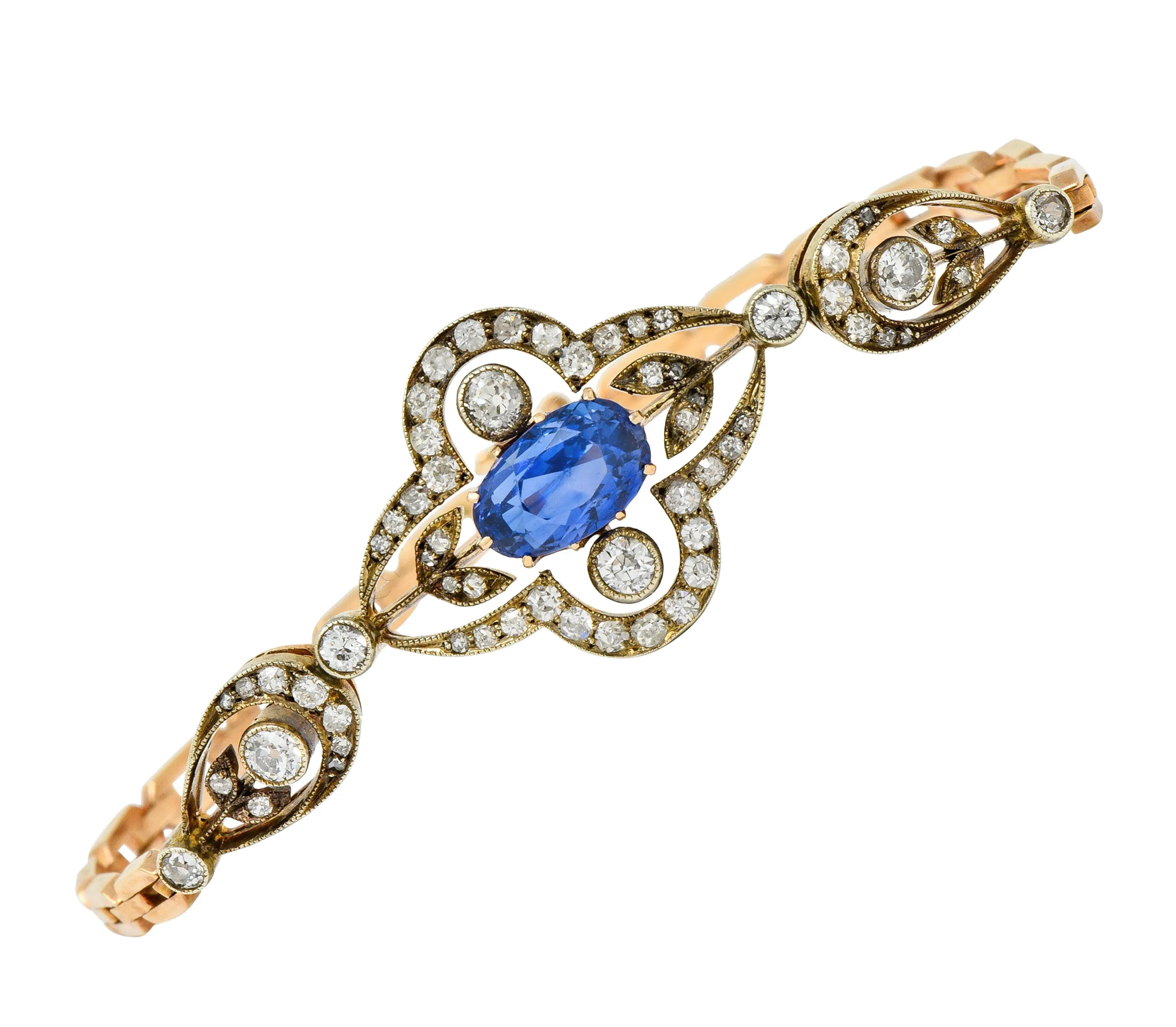 1920's Russian 4.00 CTW No Heat Ceylon Sapphire Diamond 14 Karat Two-Tone Gold Bracelet GIA