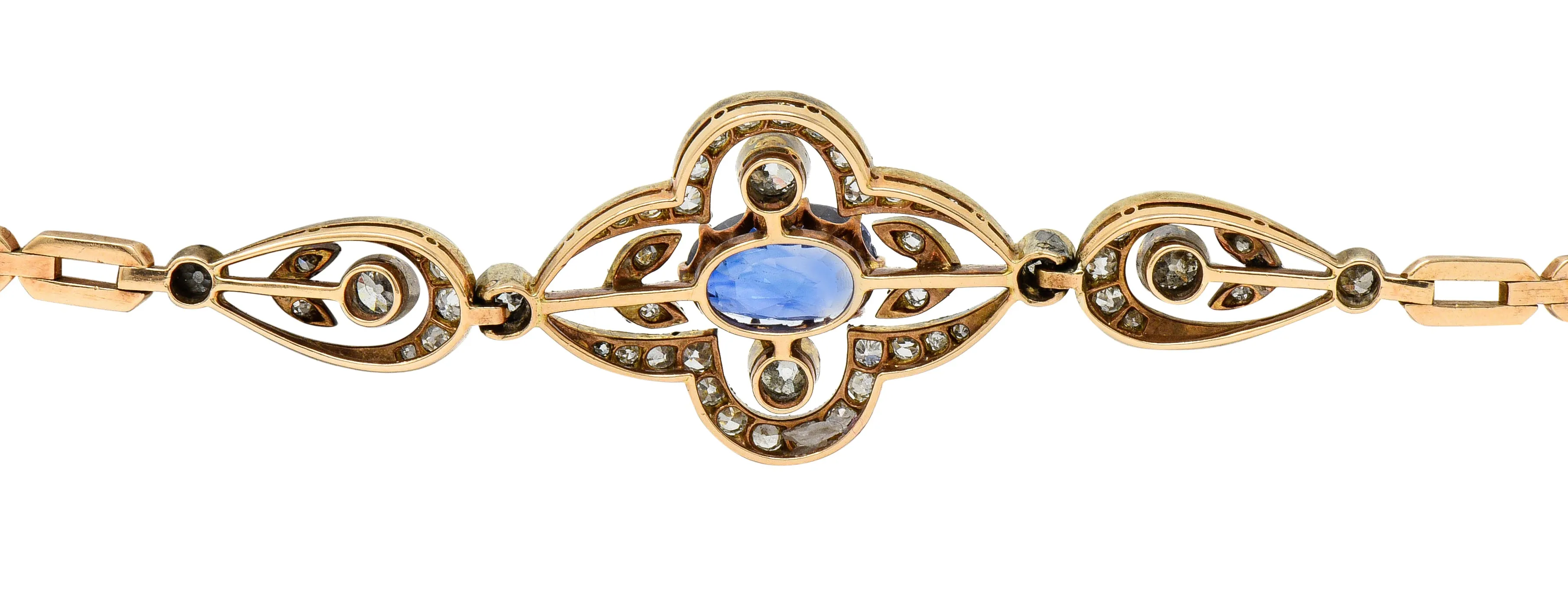 1920's Russian 4.00 CTW No Heat Ceylon Sapphire Diamond 14 Karat Two-Tone Gold Bracelet GIA