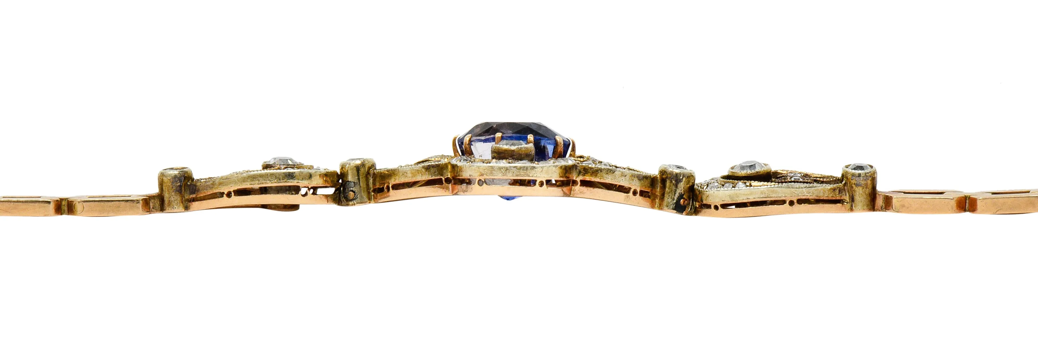 1920's Russian 4.00 CTW No Heat Ceylon Sapphire Diamond 14 Karat Two-Tone Gold Bracelet GIA