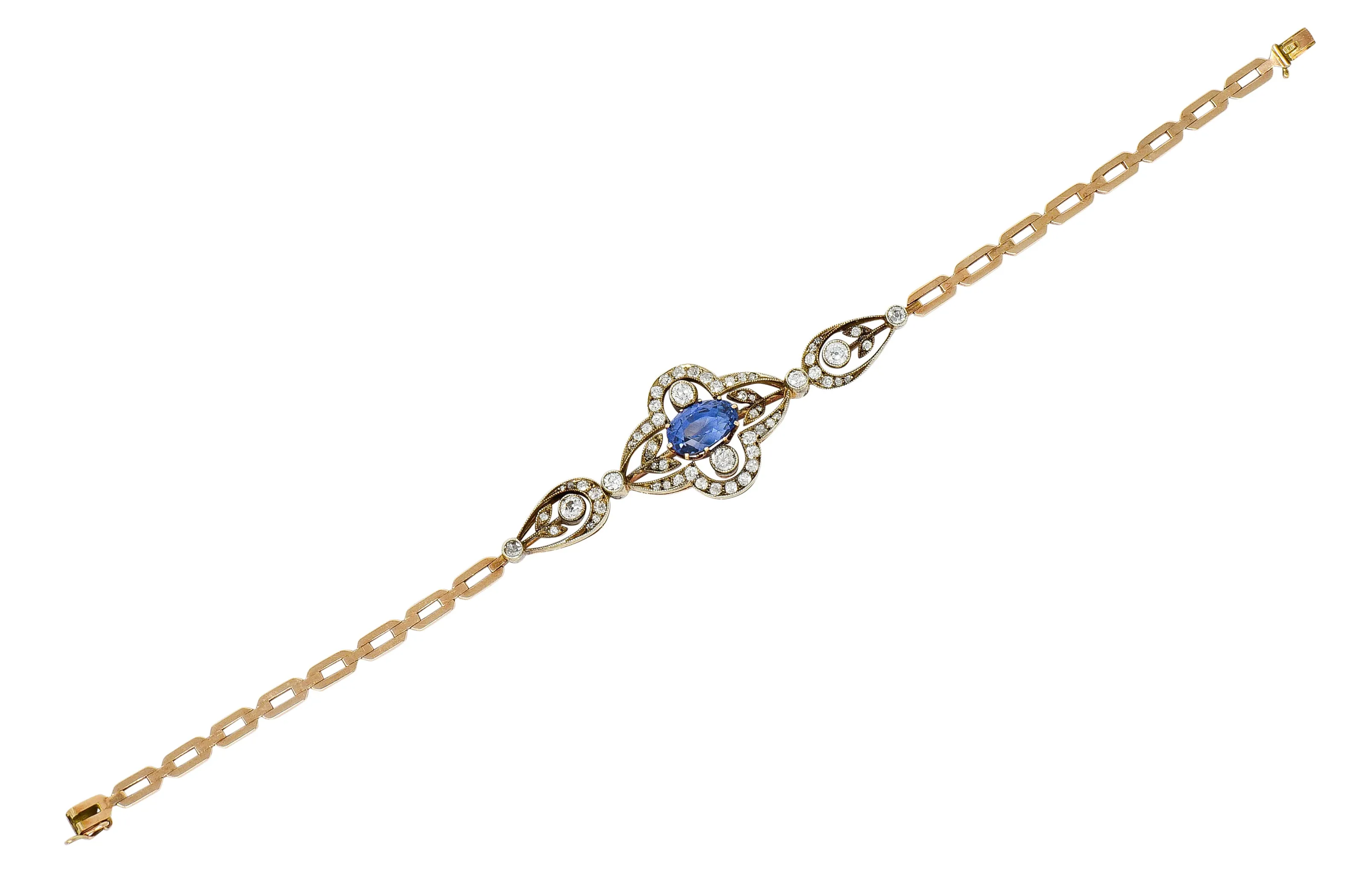 1920's Russian 4.00 CTW No Heat Ceylon Sapphire Diamond 14 Karat Two-Tone Gold Bracelet GIA