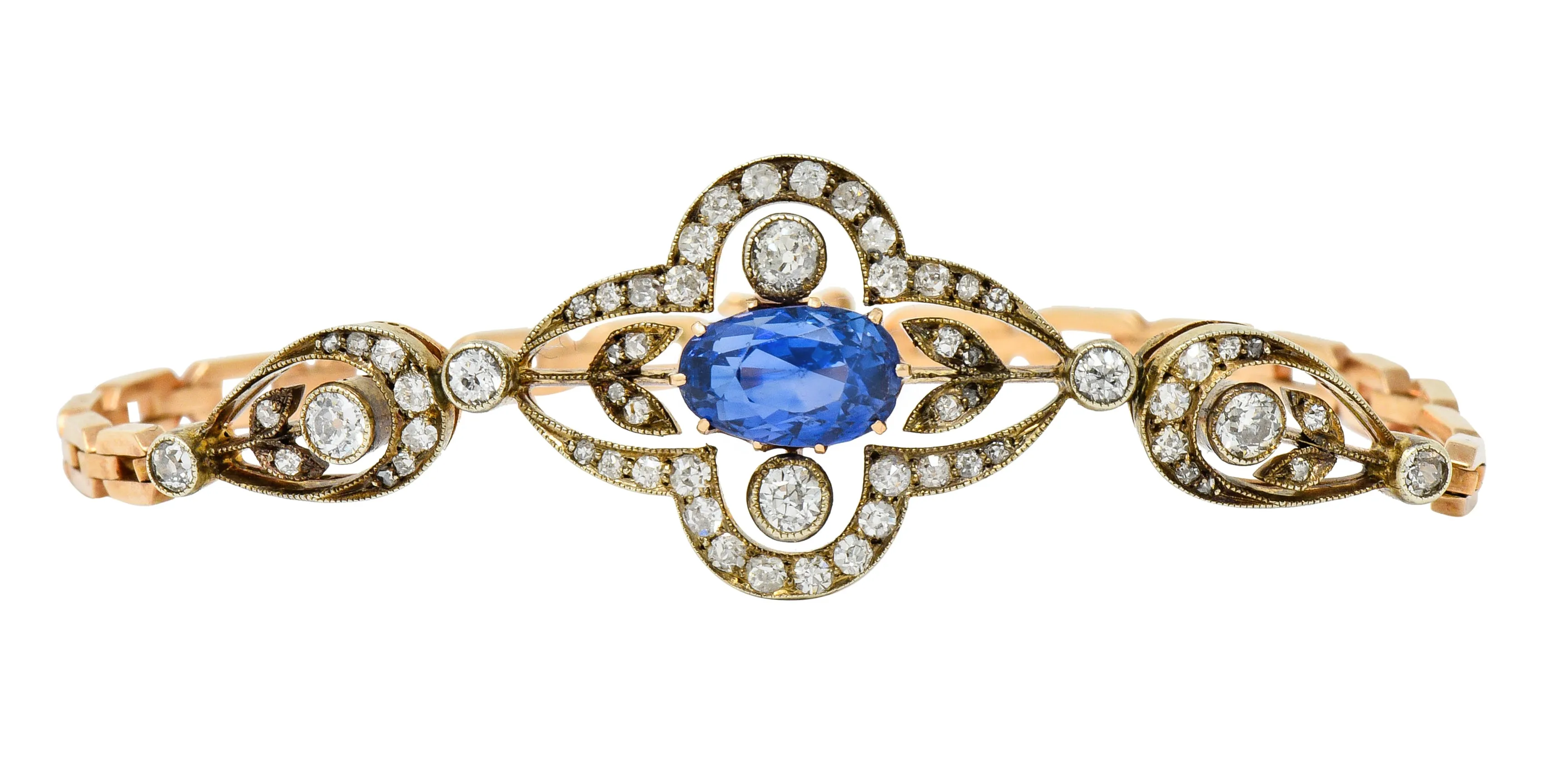 1920's Russian 4.00 CTW No Heat Ceylon Sapphire Diamond 14 Karat Two-Tone Gold Bracelet GIA