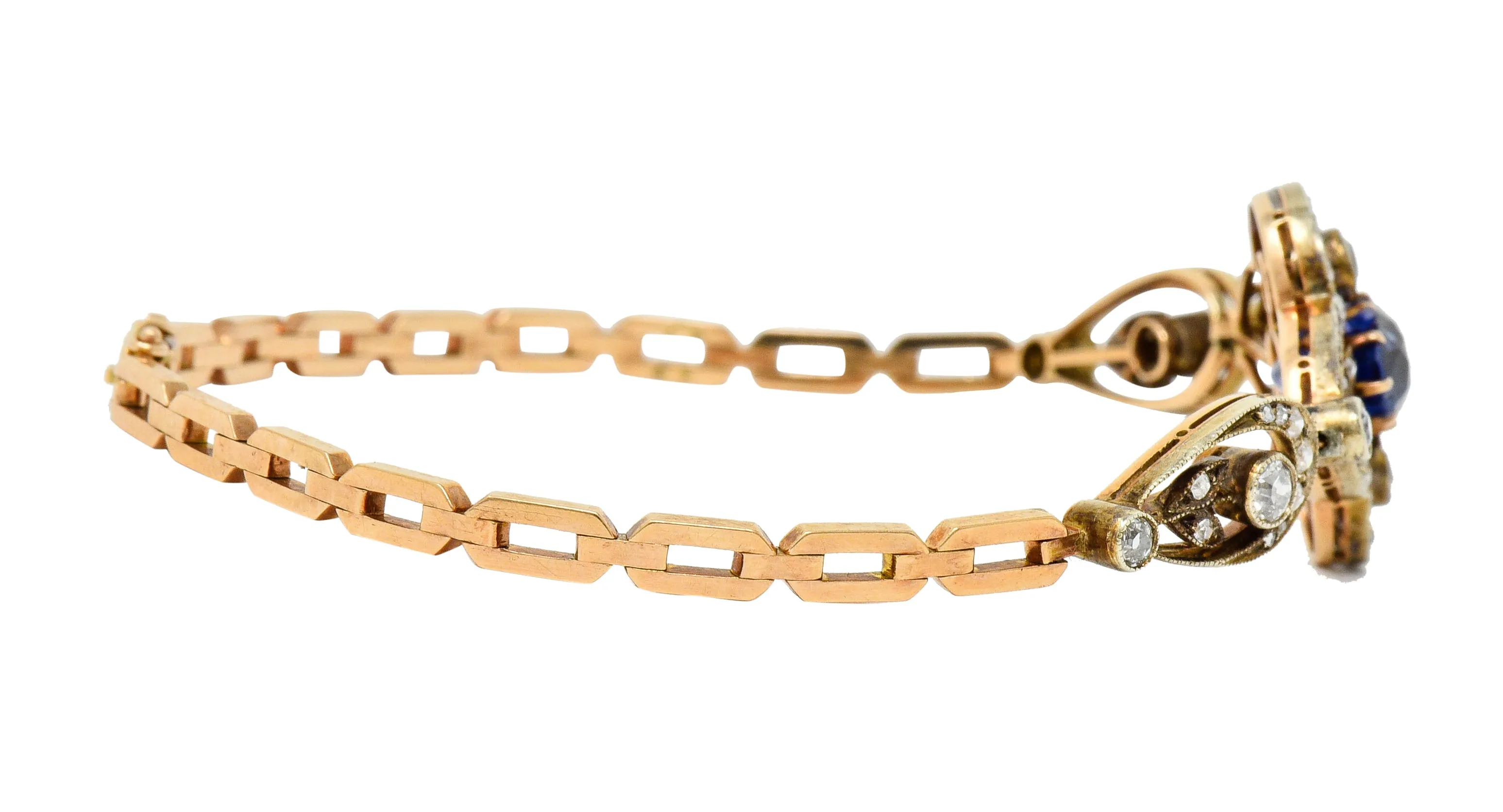 1920's Russian 4.00 CTW No Heat Ceylon Sapphire Diamond 14 Karat Two-Tone Gold Bracelet GIA