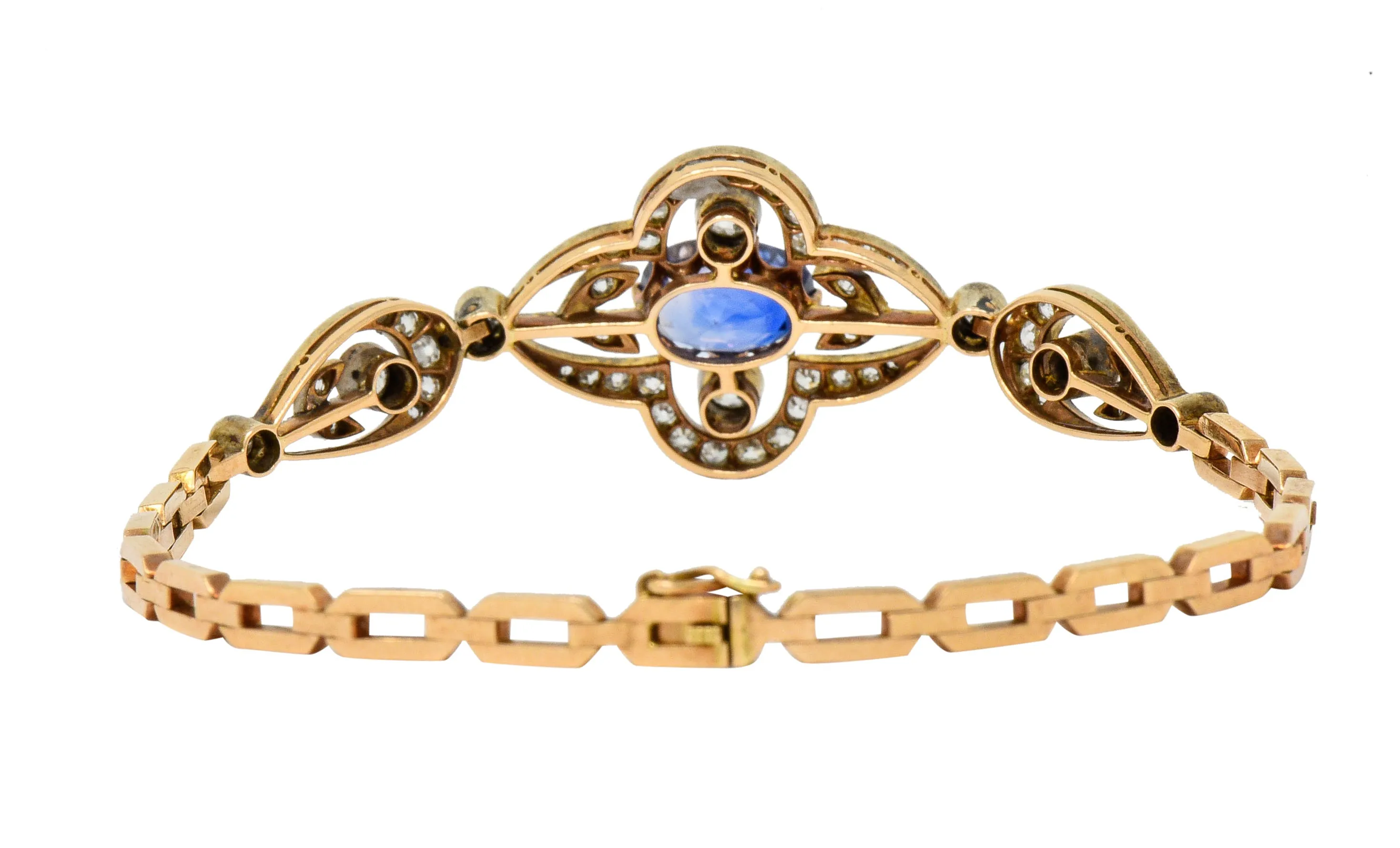 1920's Russian 4.00 CTW No Heat Ceylon Sapphire Diamond 14 Karat Two-Tone Gold Bracelet GIA