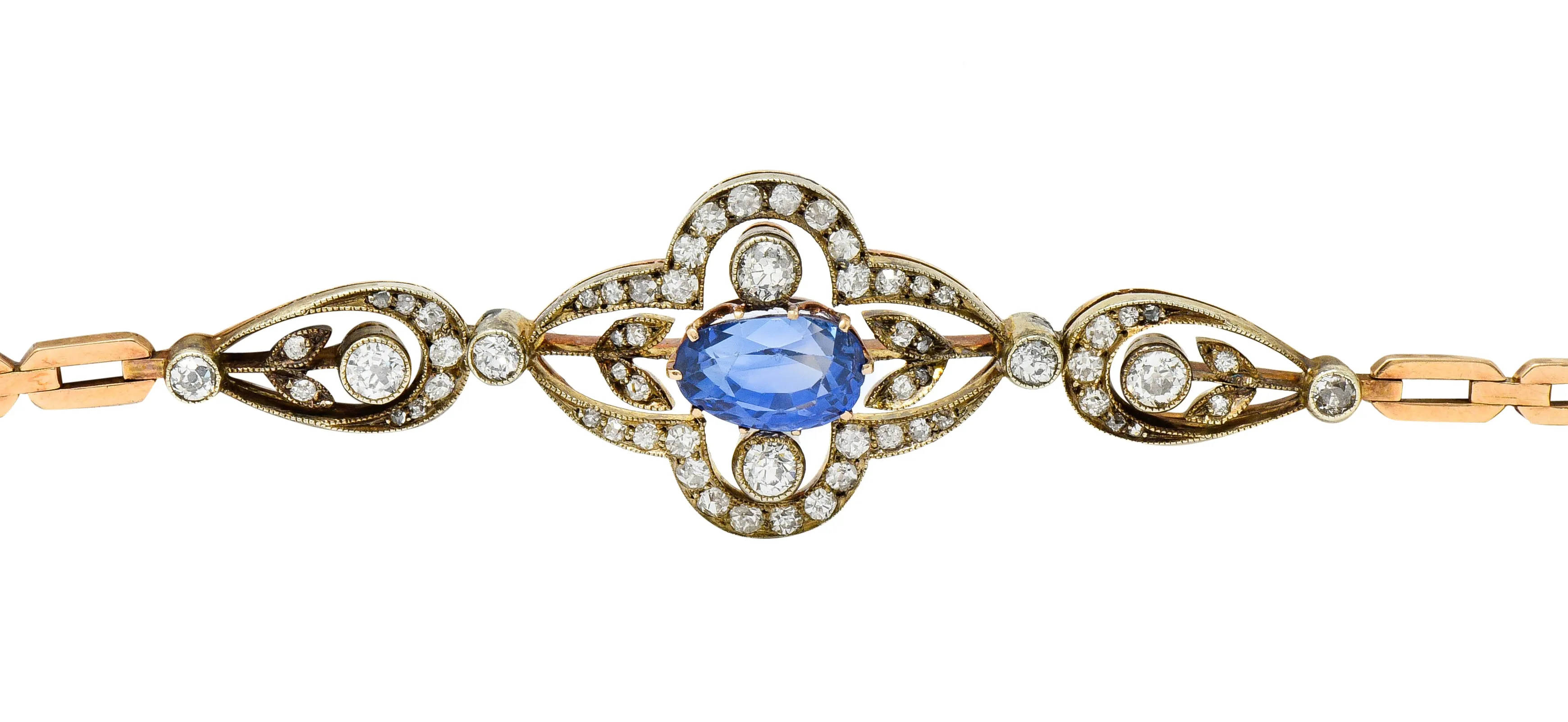 1920's Russian 4.00 CTW No Heat Ceylon Sapphire Diamond 14 Karat Two-Tone Gold Bracelet GIA