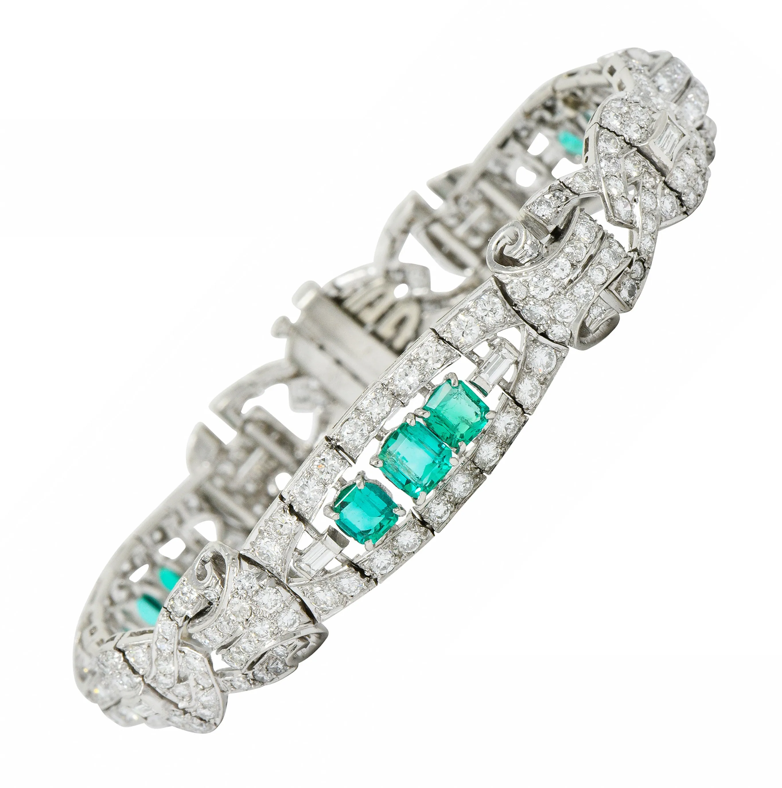 1950's Mid-Century 9.55 CTW Emerald Diamond Platinum Scrolled Link Bracelet