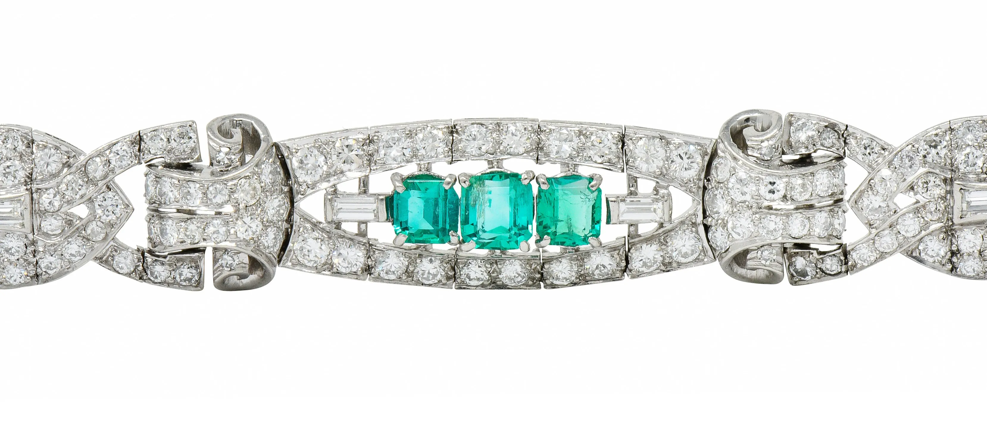 1950's Mid-Century 9.55 CTW Emerald Diamond Platinum Scrolled Link Bracelet