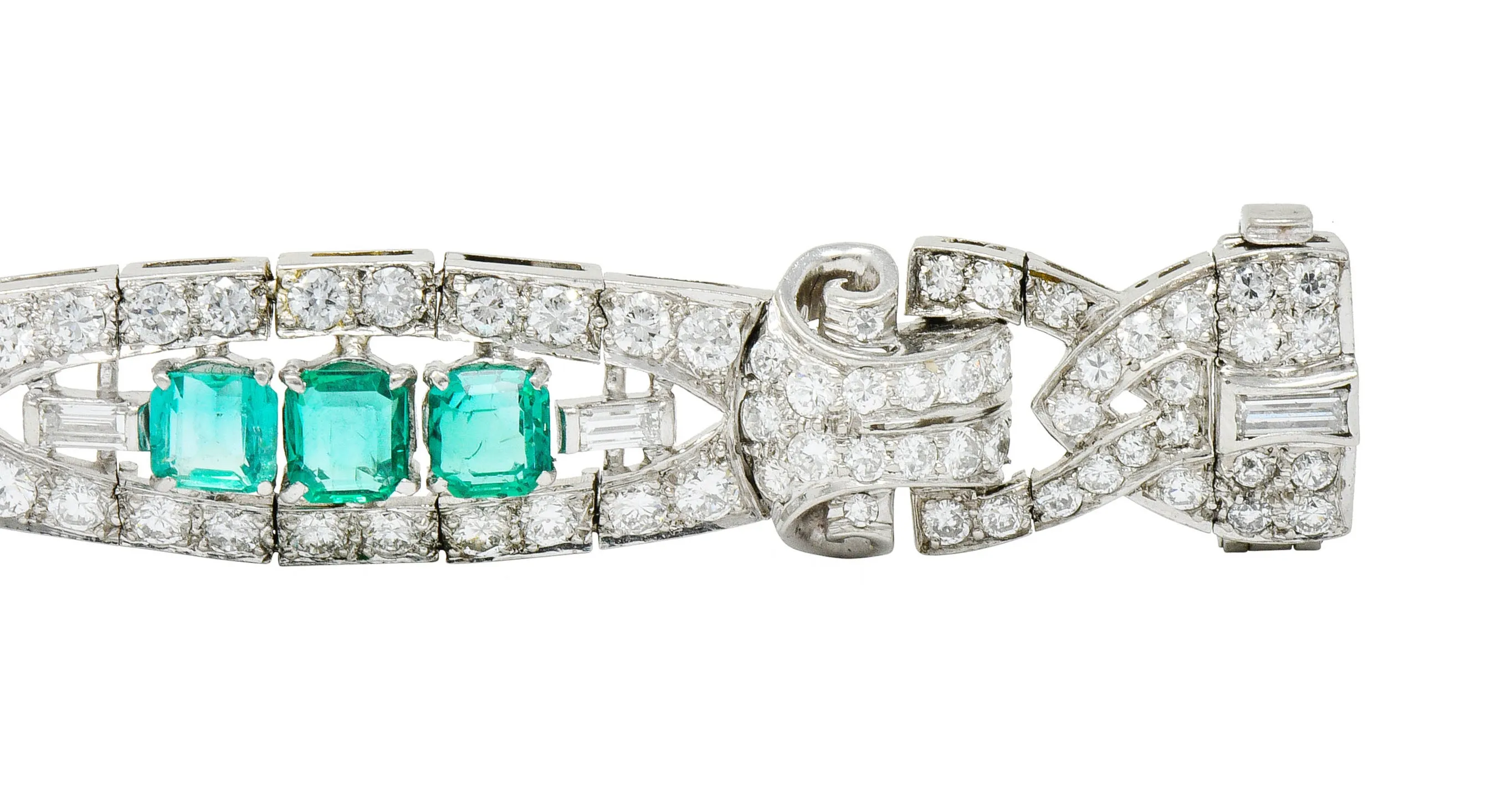 1950's Mid-Century 9.55 CTW Emerald Diamond Platinum Scrolled Link Bracelet