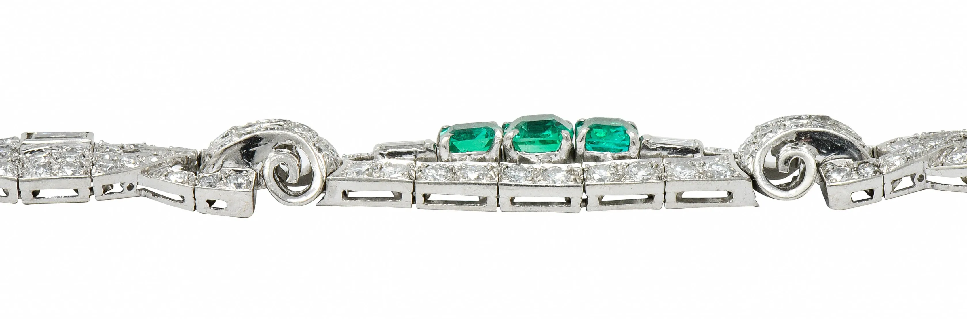 1950's Mid-Century 9.55 CTW Emerald Diamond Platinum Scrolled Link Bracelet