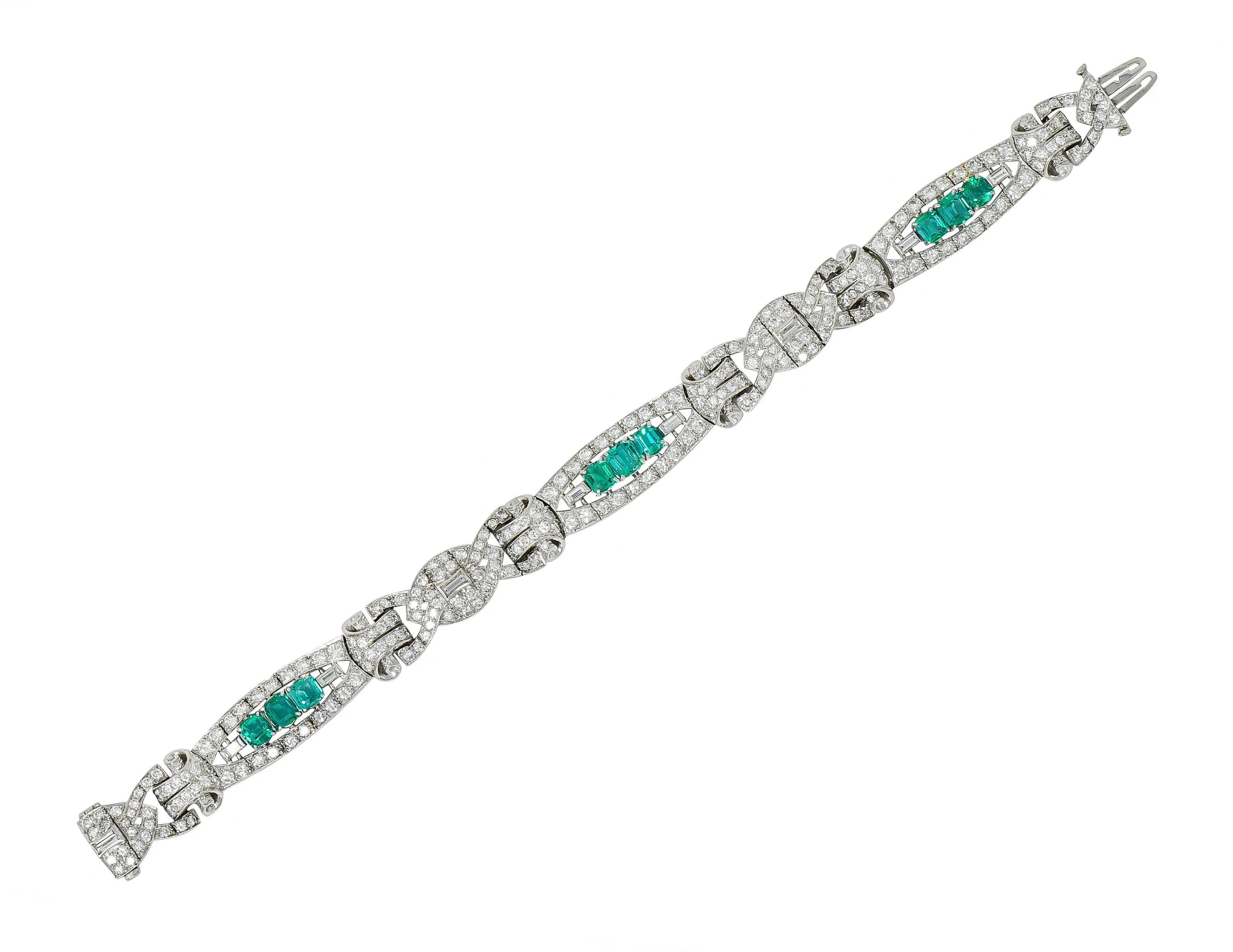 1950's Mid-Century 9.55 CTW Emerald Diamond Platinum Scrolled Link Bracelet