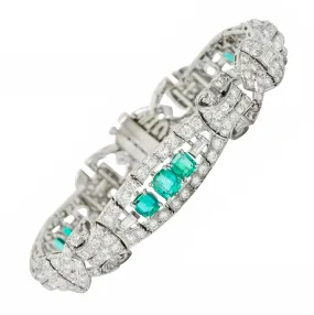 1950's Mid-Century 9.55 CTW Emerald Diamond Platinum Scrolled Link Bracelet