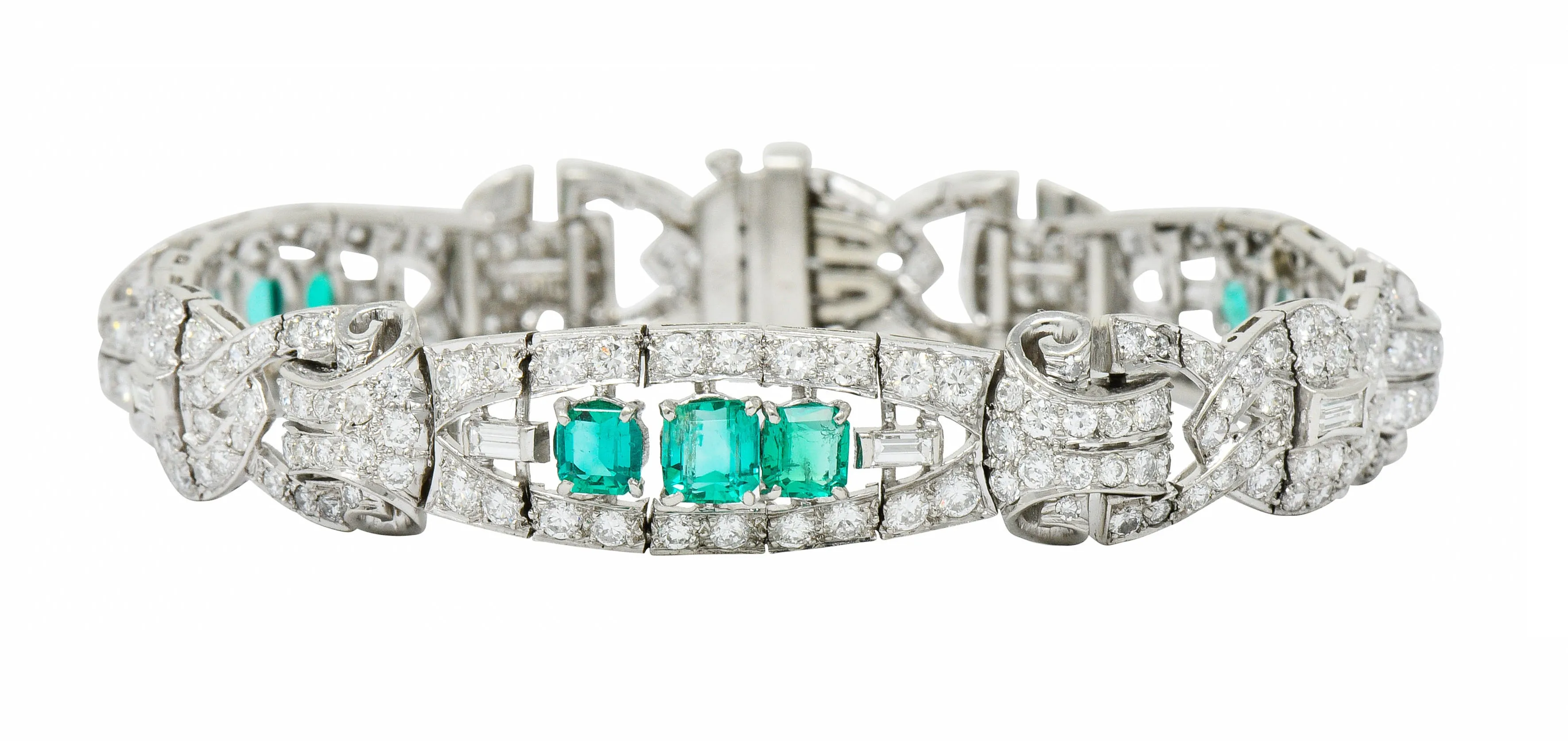 1950's Mid-Century 9.55 CTW Emerald Diamond Platinum Scrolled Link Bracelet