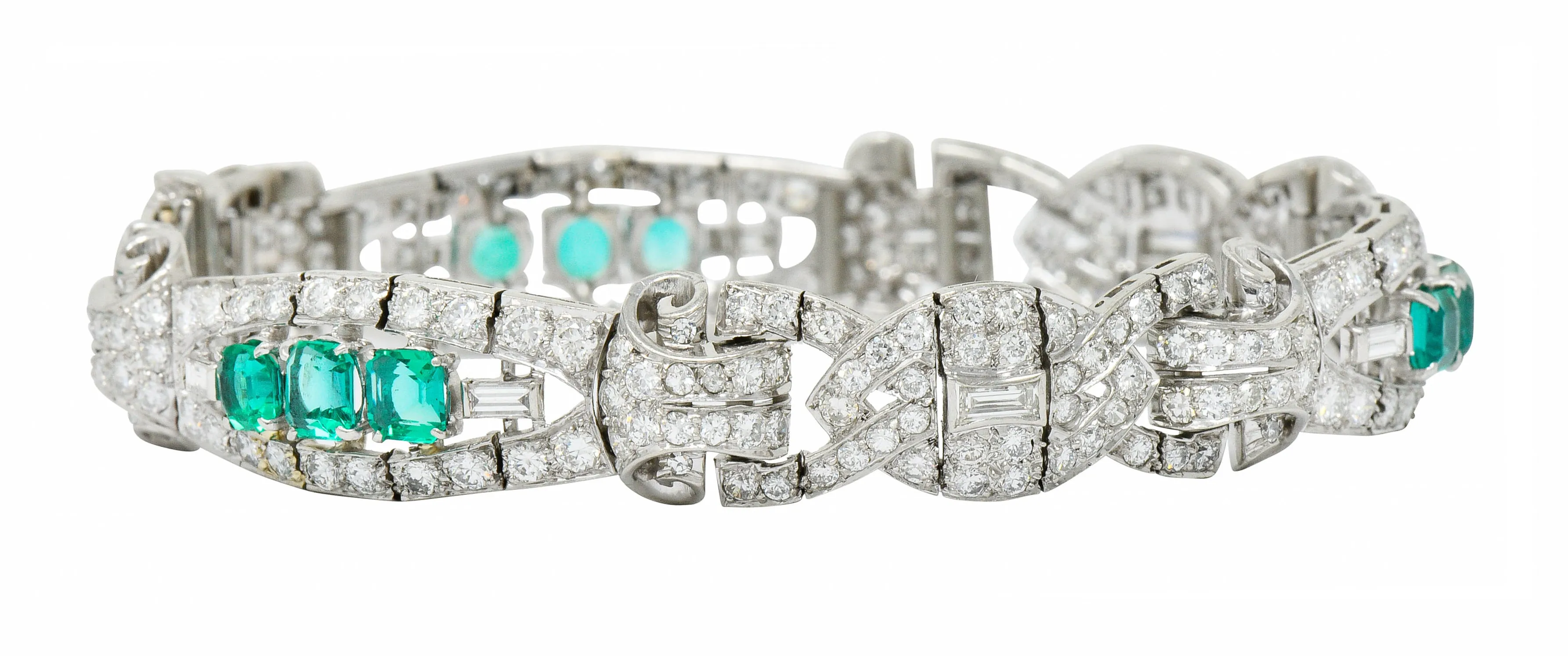 1950's Mid-Century 9.55 CTW Emerald Diamond Platinum Scrolled Link Bracelet