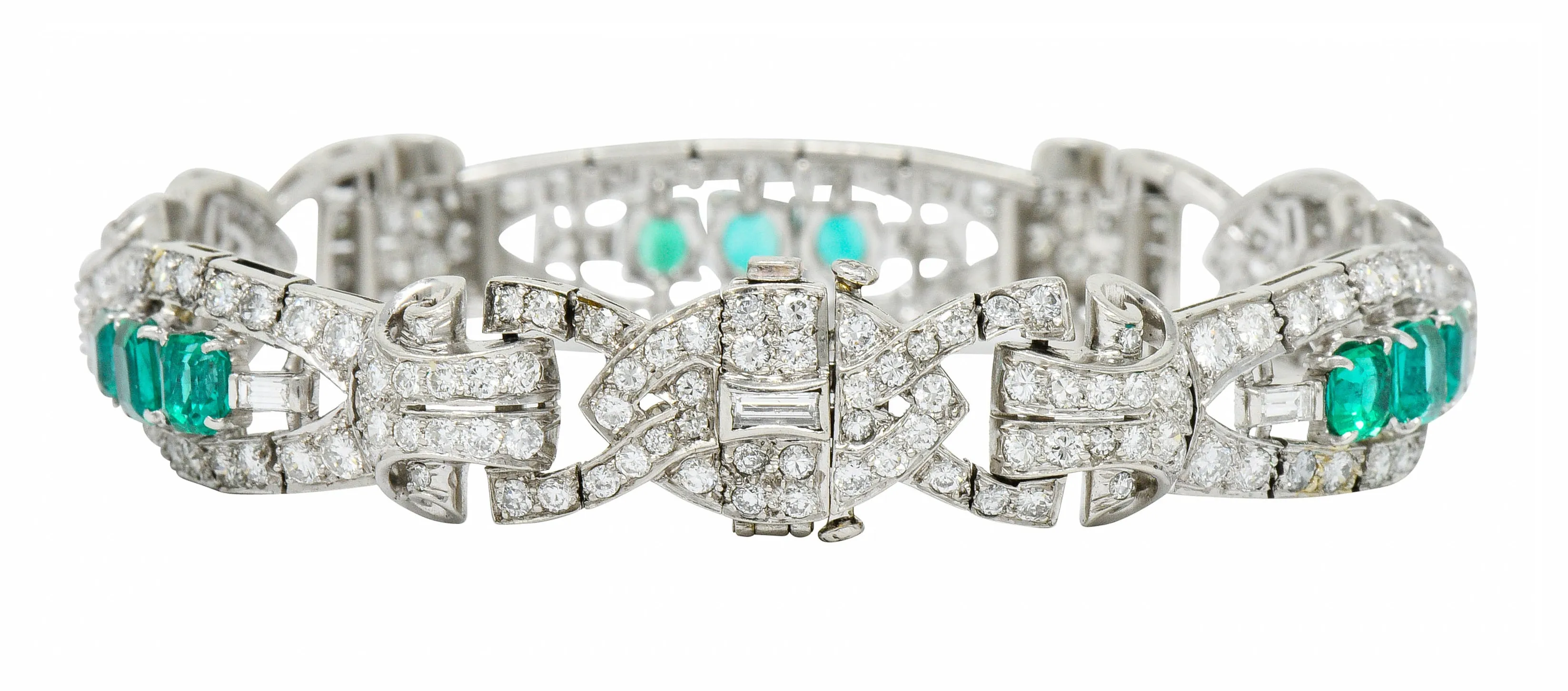 1950's Mid-Century 9.55 CTW Emerald Diamond Platinum Scrolled Link Bracelet