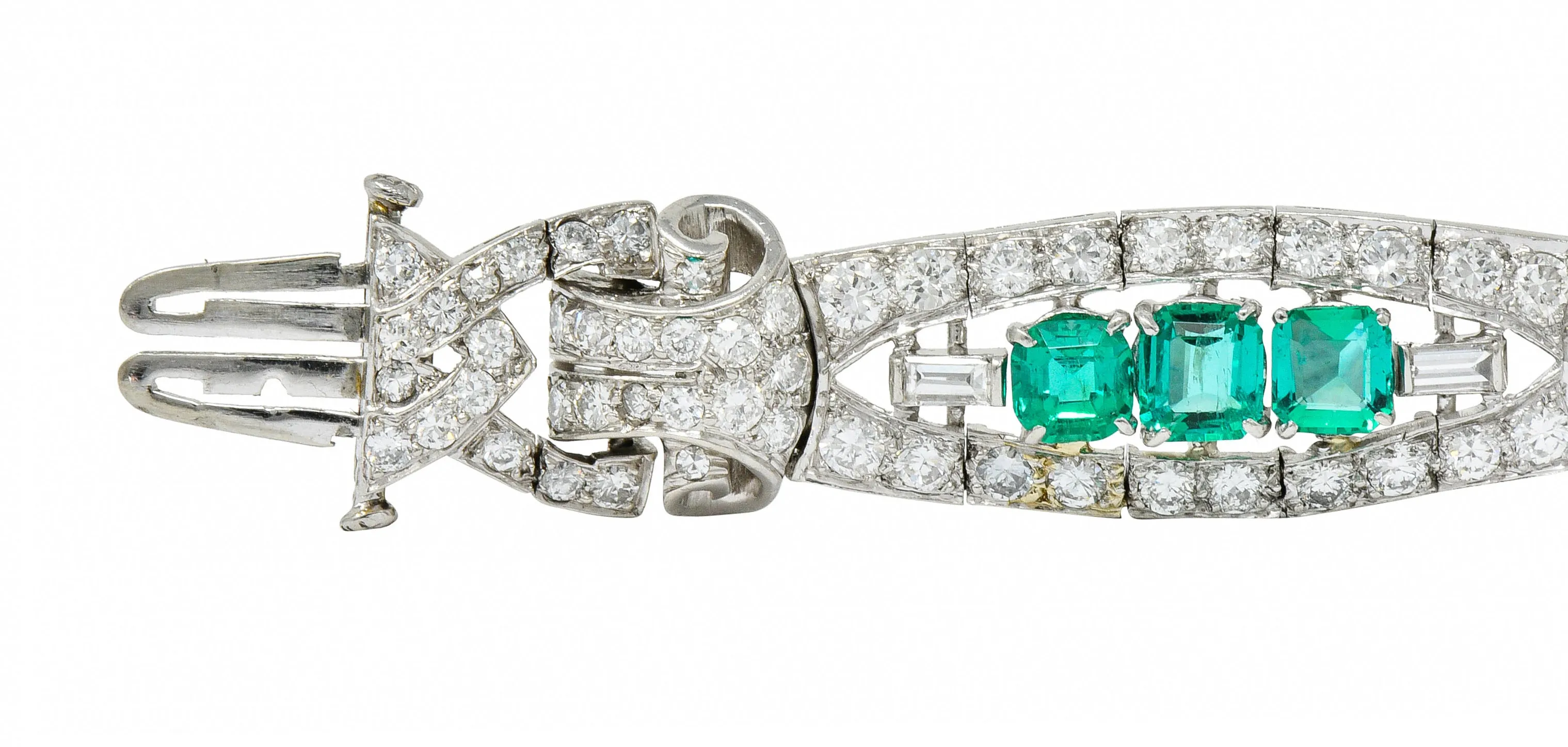 1950's Mid-Century 9.55 CTW Emerald Diamond Platinum Scrolled Link Bracelet