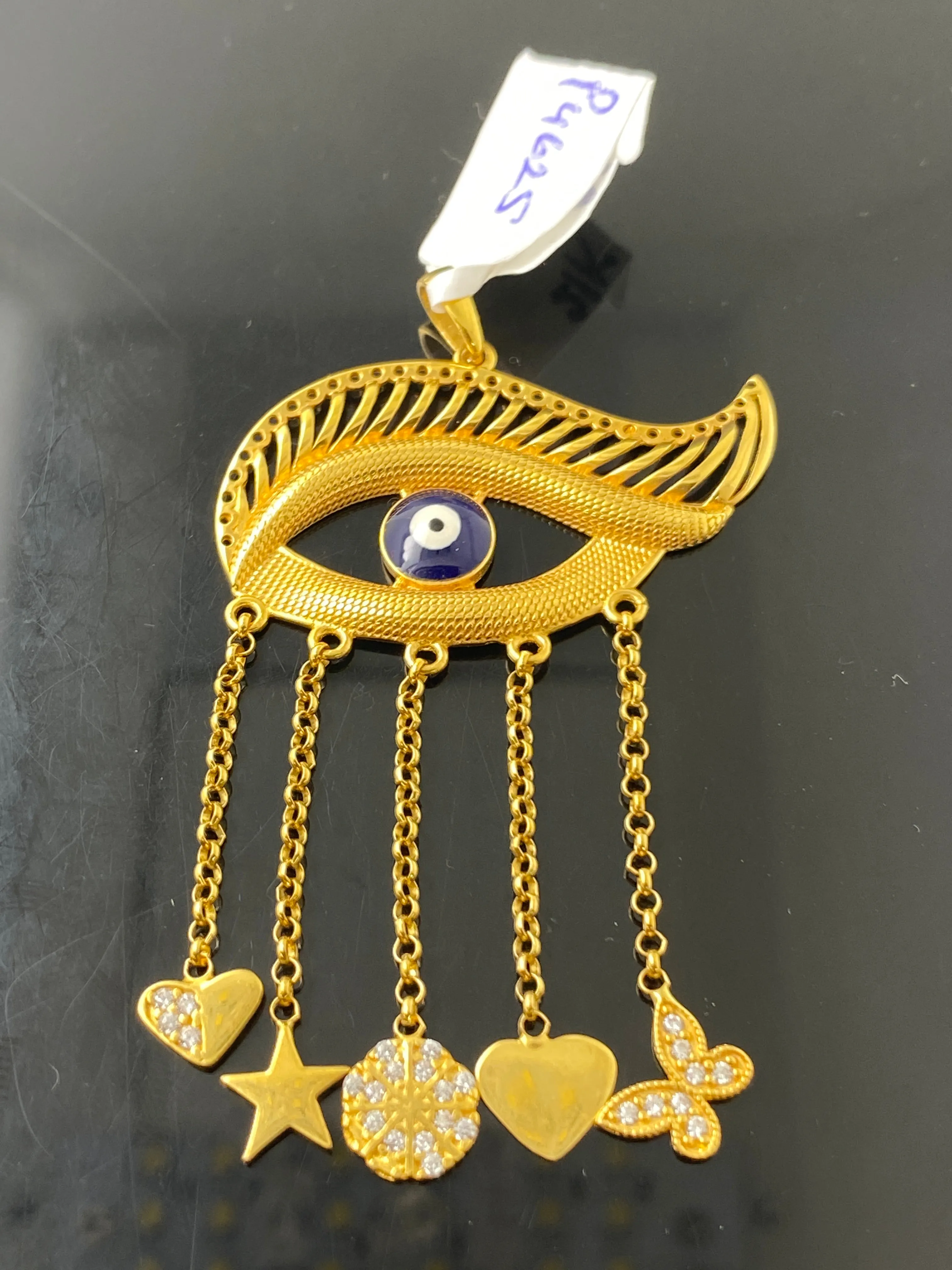 21K Solid Gold Evil Eye Dangling Pendant P4625