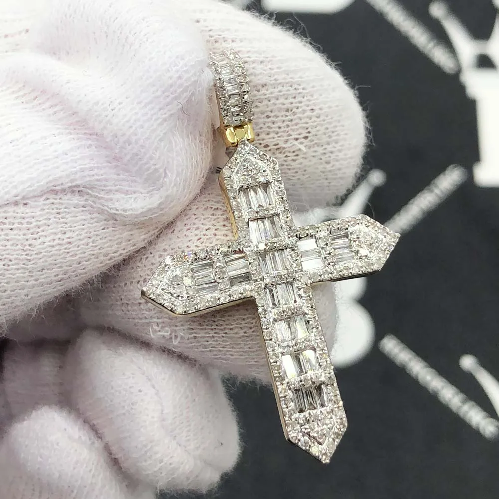 Baguette Taper Cross Diamond Pendant .90cttw 10K Yellow Gold