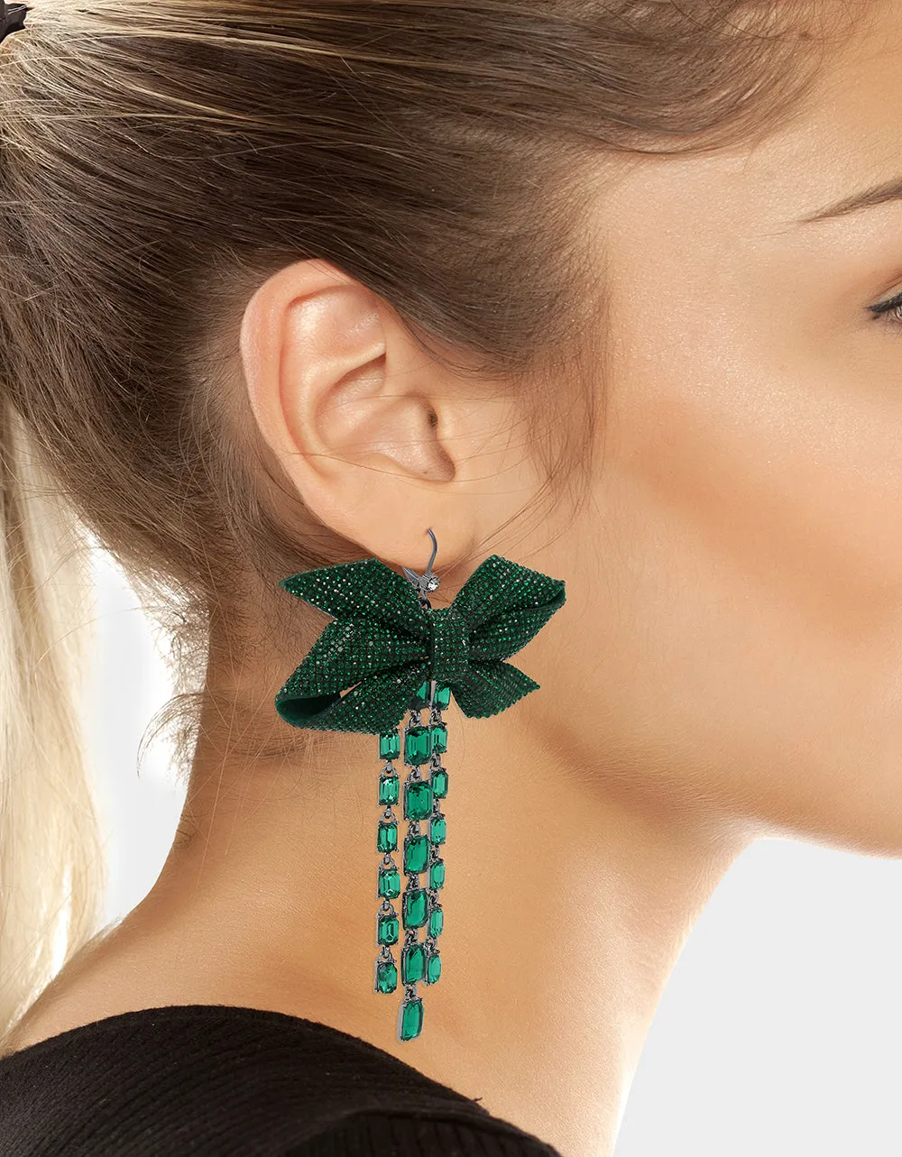 BETSEYS BOWS CRYSTAL DROP EARRINGS GREEN