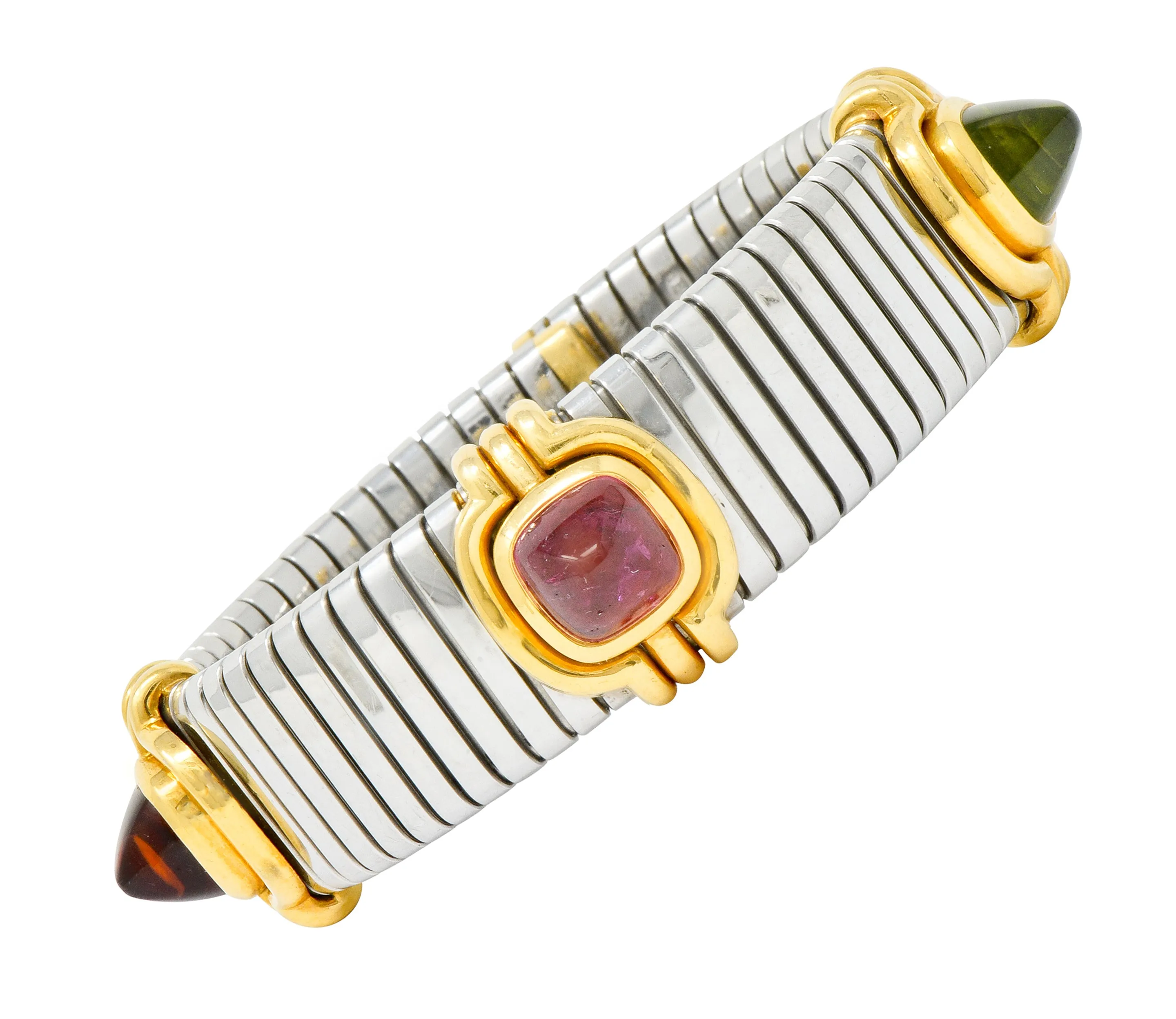 Bulgari Vintage Citrine Peridot Tourmaline Stainless Steel 18 Karat Gold Tubogas Cuff Bracelet