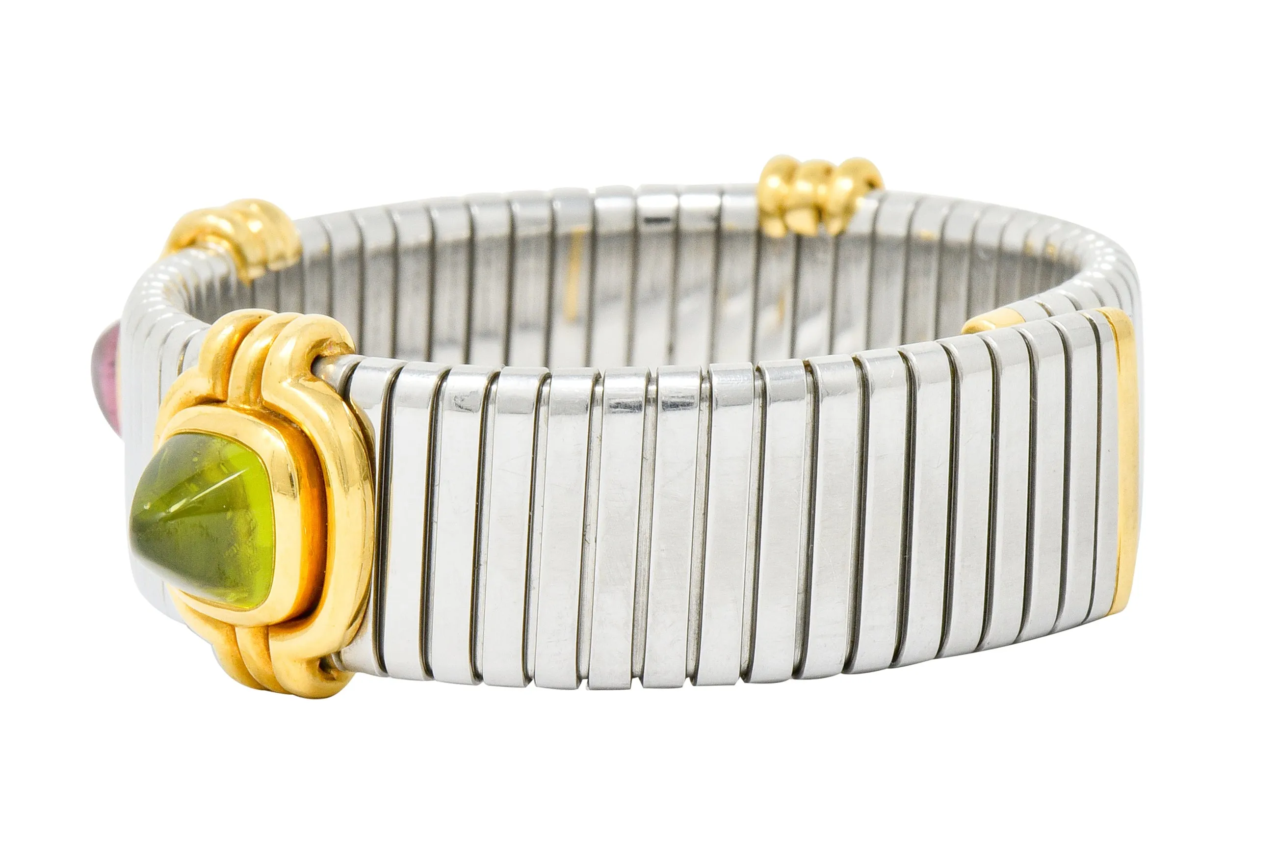 Bulgari Vintage Citrine Peridot Tourmaline Stainless Steel 18 Karat Gold Tubogas Cuff Bracelet