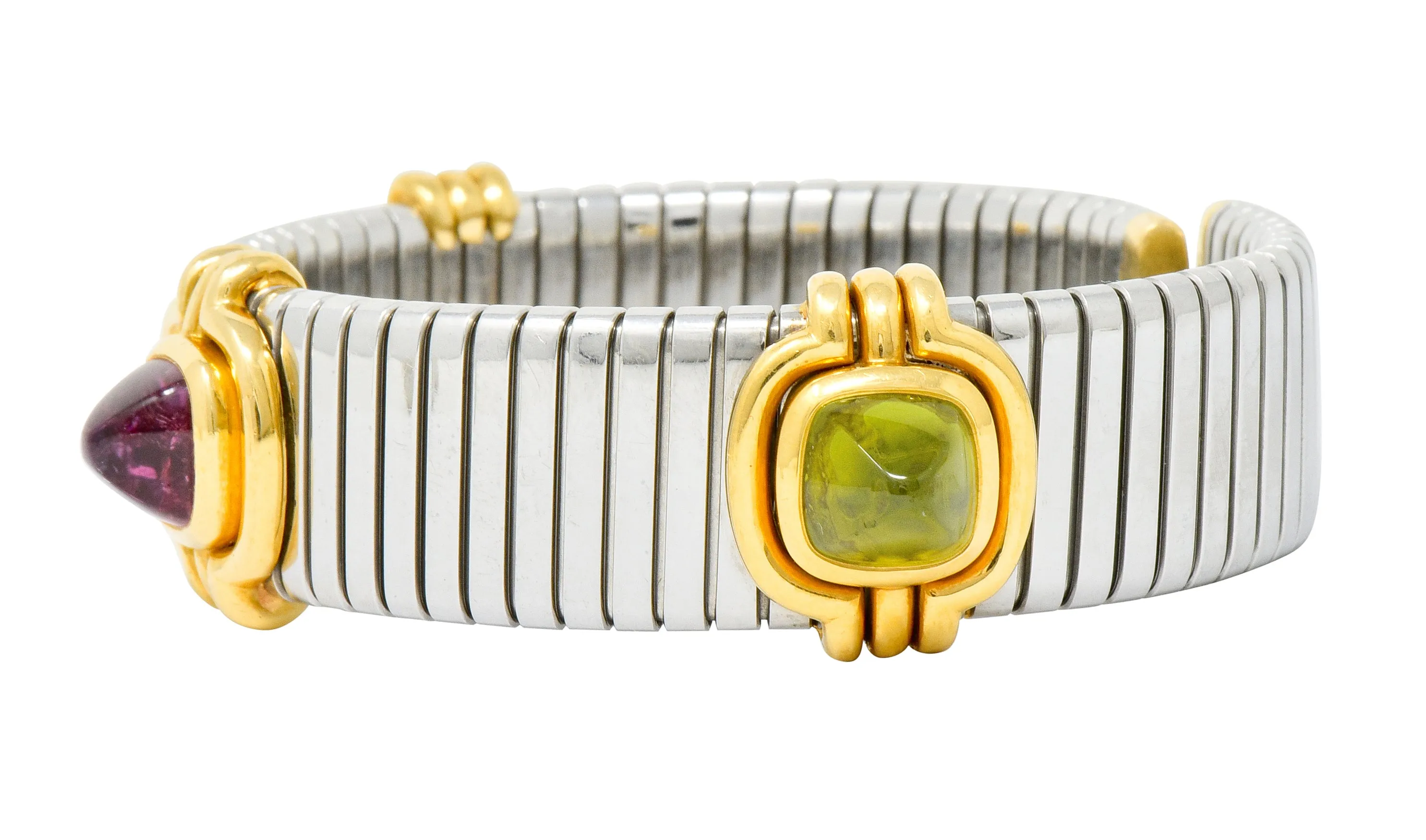 Bulgari Vintage Citrine Peridot Tourmaline Stainless Steel 18 Karat Gold Tubogas Cuff Bracelet