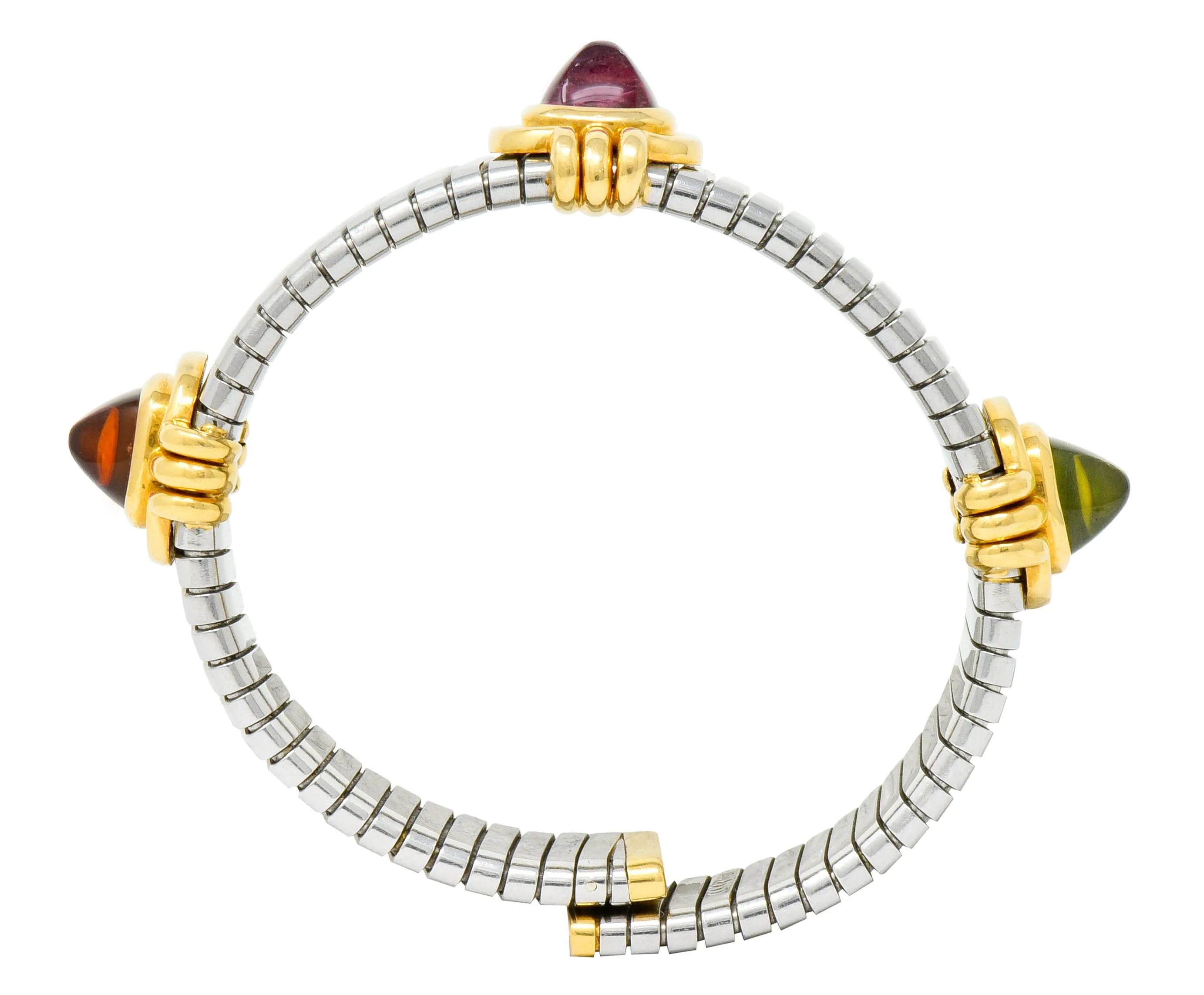 Bulgari Vintage Citrine Peridot Tourmaline Stainless Steel 18 Karat Gold Tubogas Cuff Bracelet