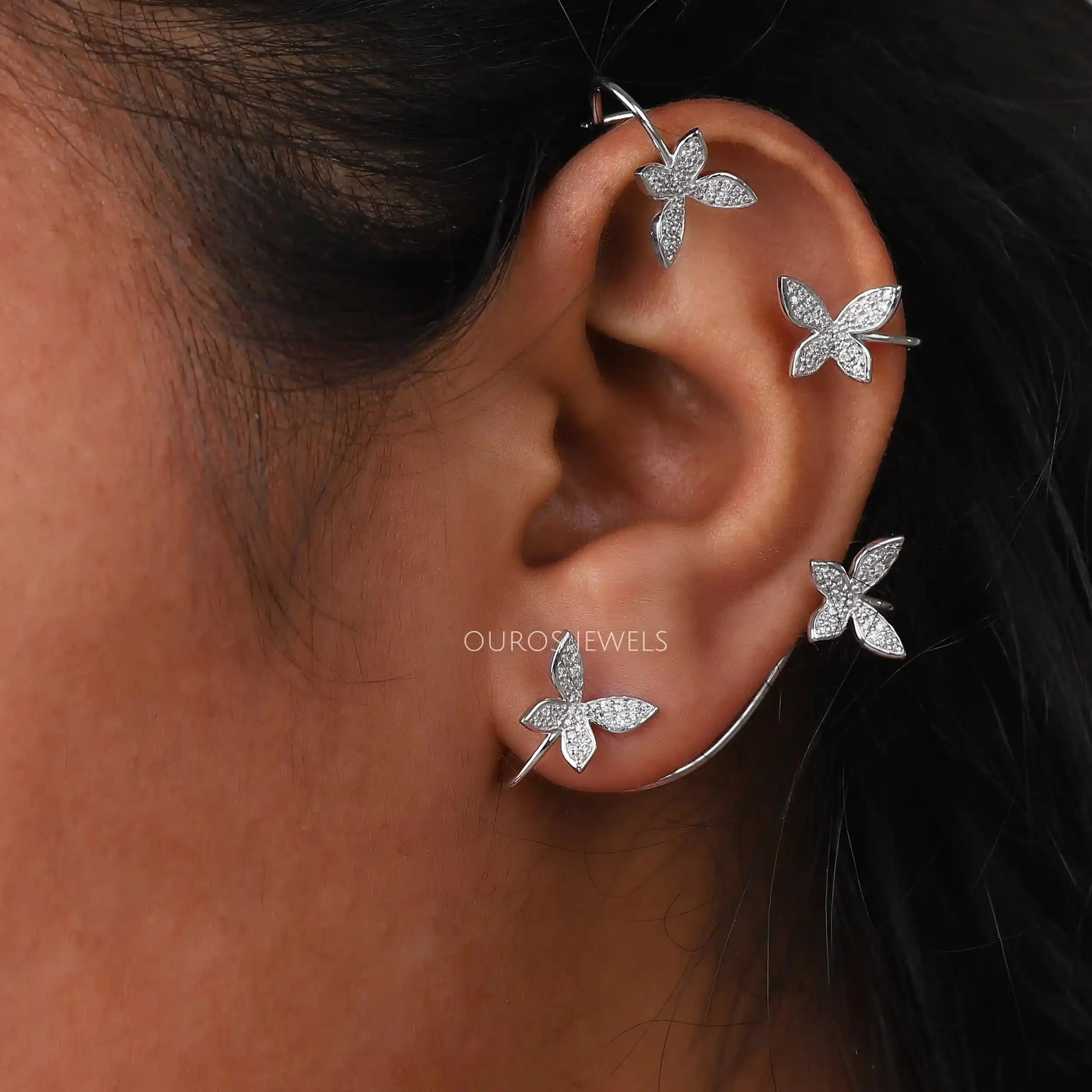 Butterfly Shape Round Cut Diamond Ear Cuff Earrings