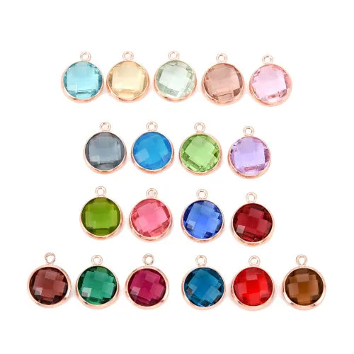 Charms, Bezel, Round, Birthstone, Faceted, Assorted, Crystal, Glass, Rose Gold, Plated, Brass, 7mm