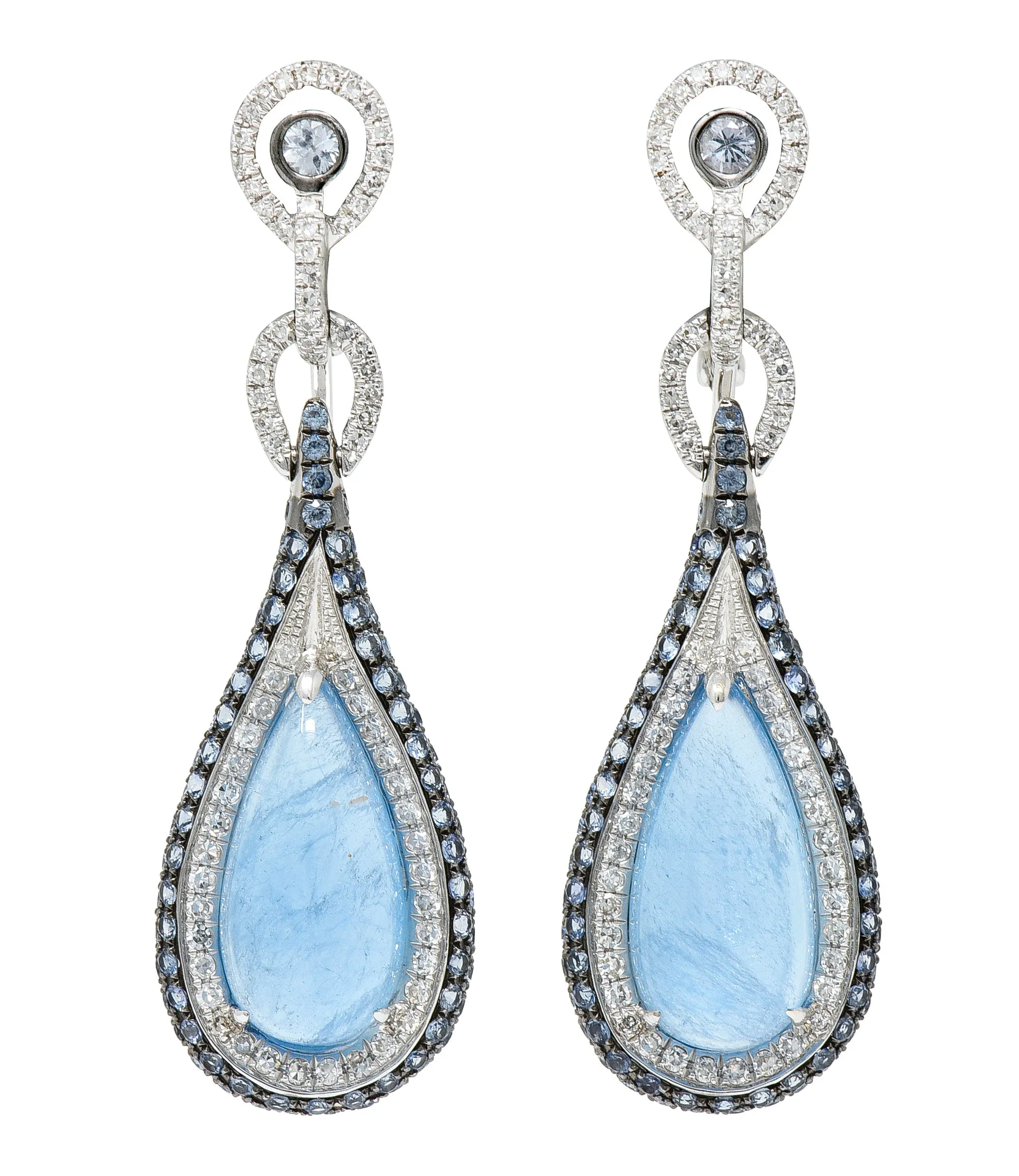 Contemporary 13.00 CTW Aquamarine Sapphire Diamond 18 Karat White Gold Drop Earrings