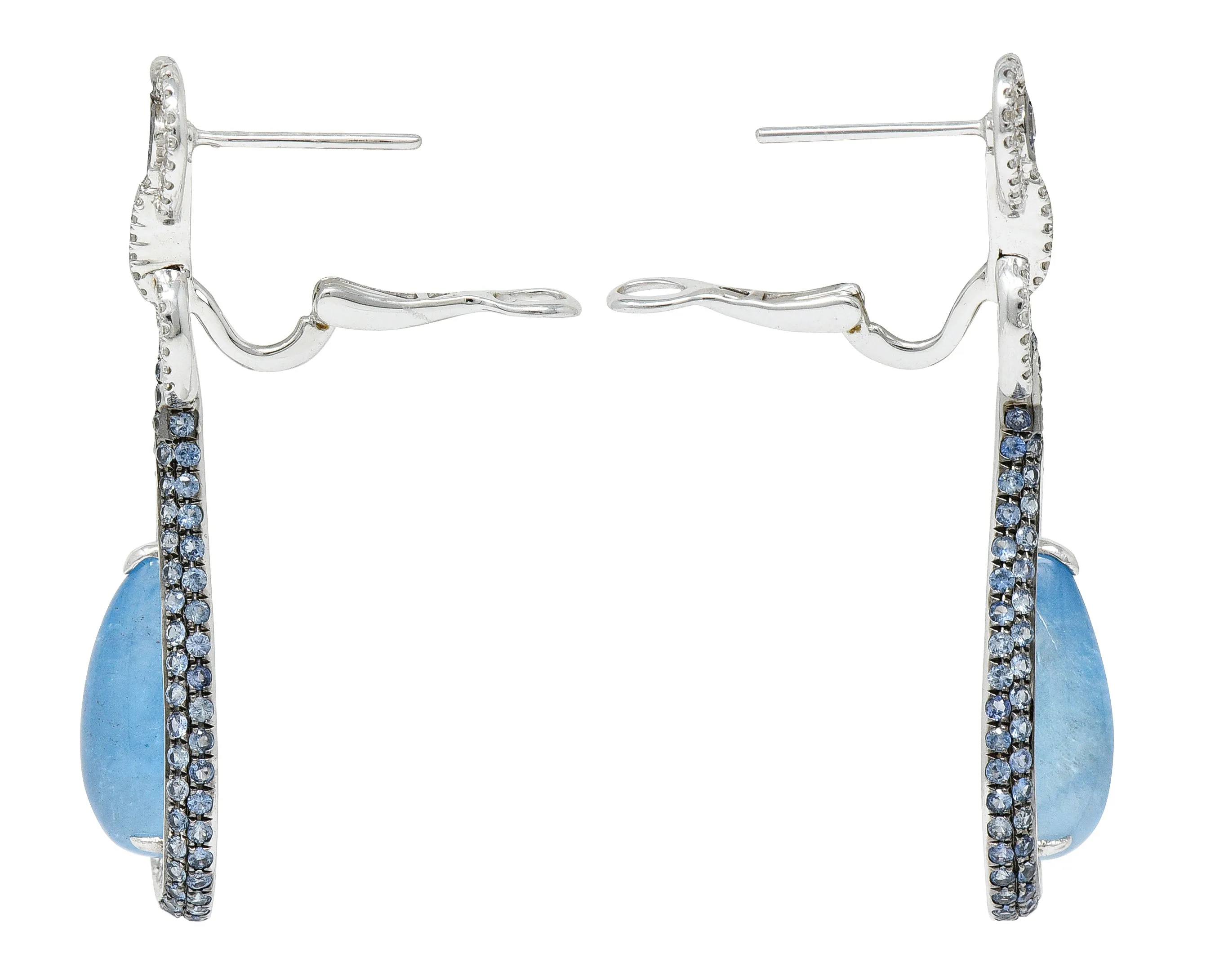 Contemporary 13.00 CTW Aquamarine Sapphire Diamond 18 Karat White Gold Drop Earrings